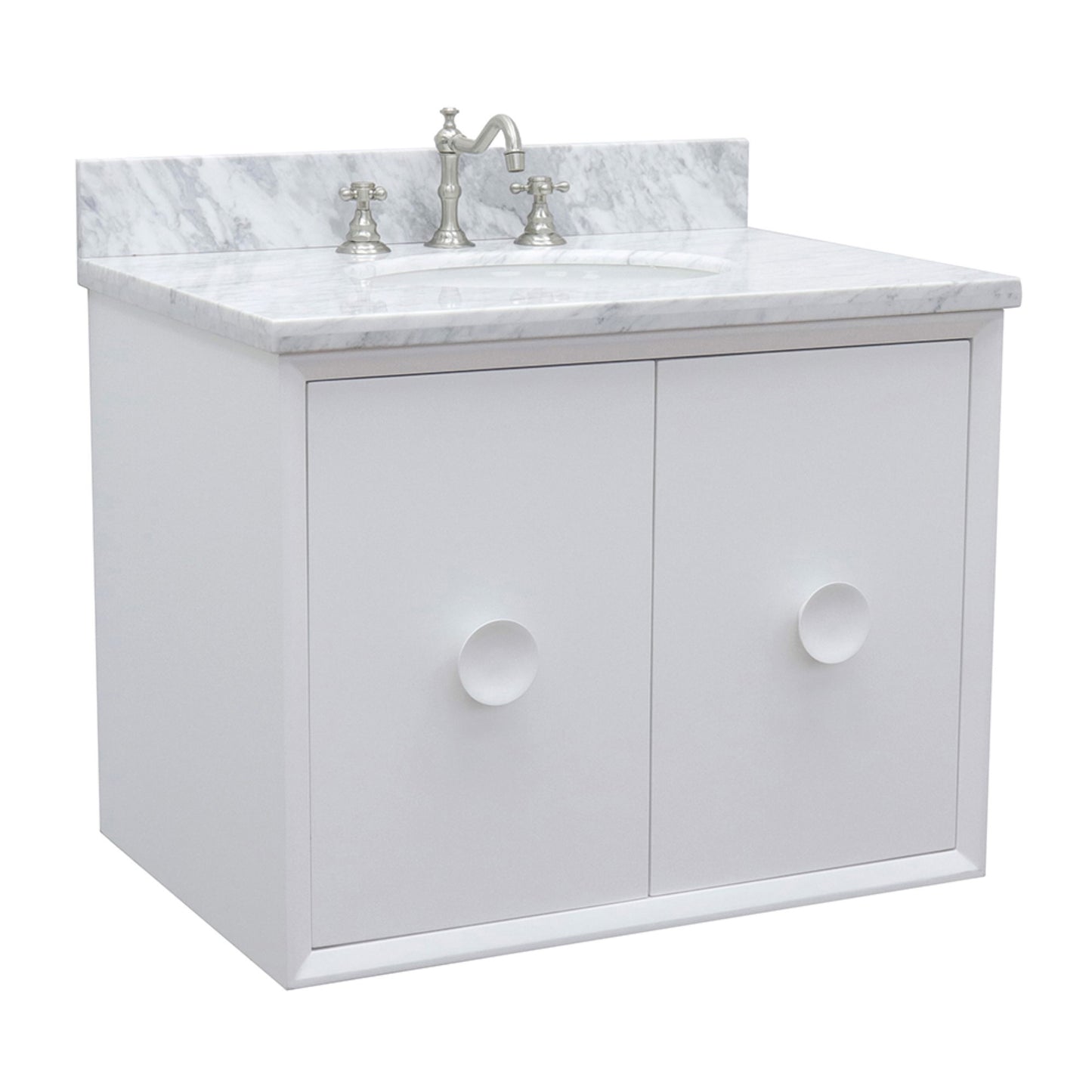 31" Single wall mount vanity in White finish with White Carrara top and oval sink