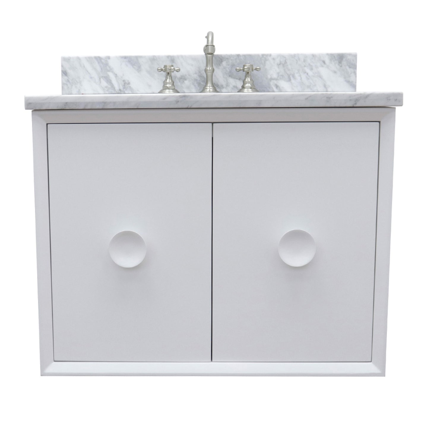 31" Single wall mount vanity in White finish with White Carrara top and oval sink