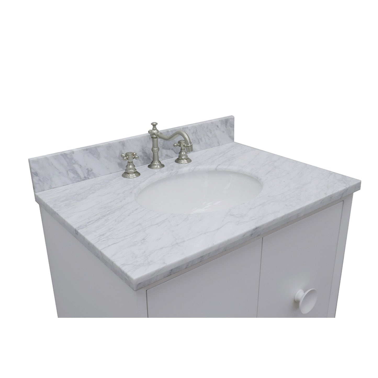 31" Single wall mount vanity in White finish with White Carrara top and oval sink