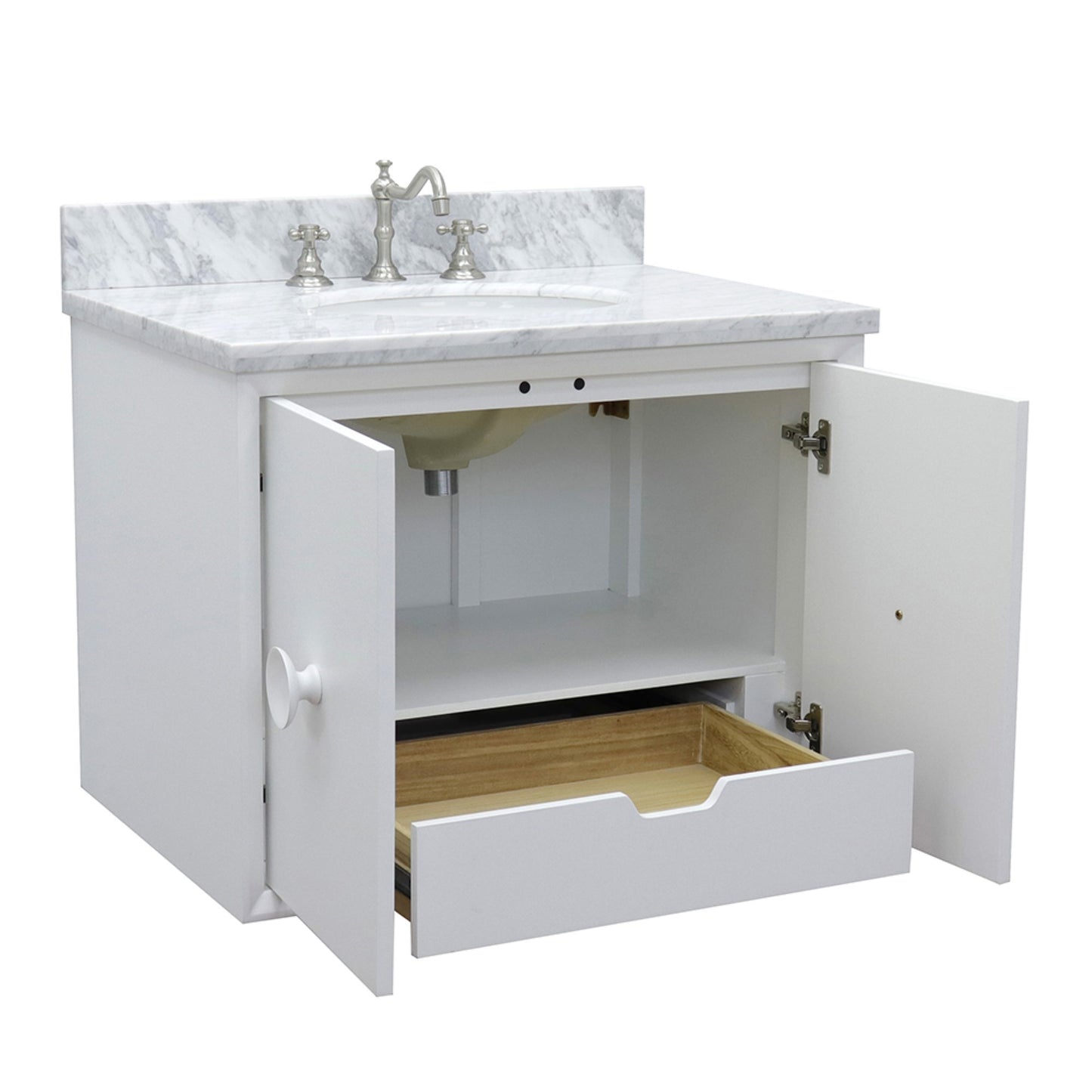 31" Single wall mount vanity in White finish with White Carrara top and oval sink