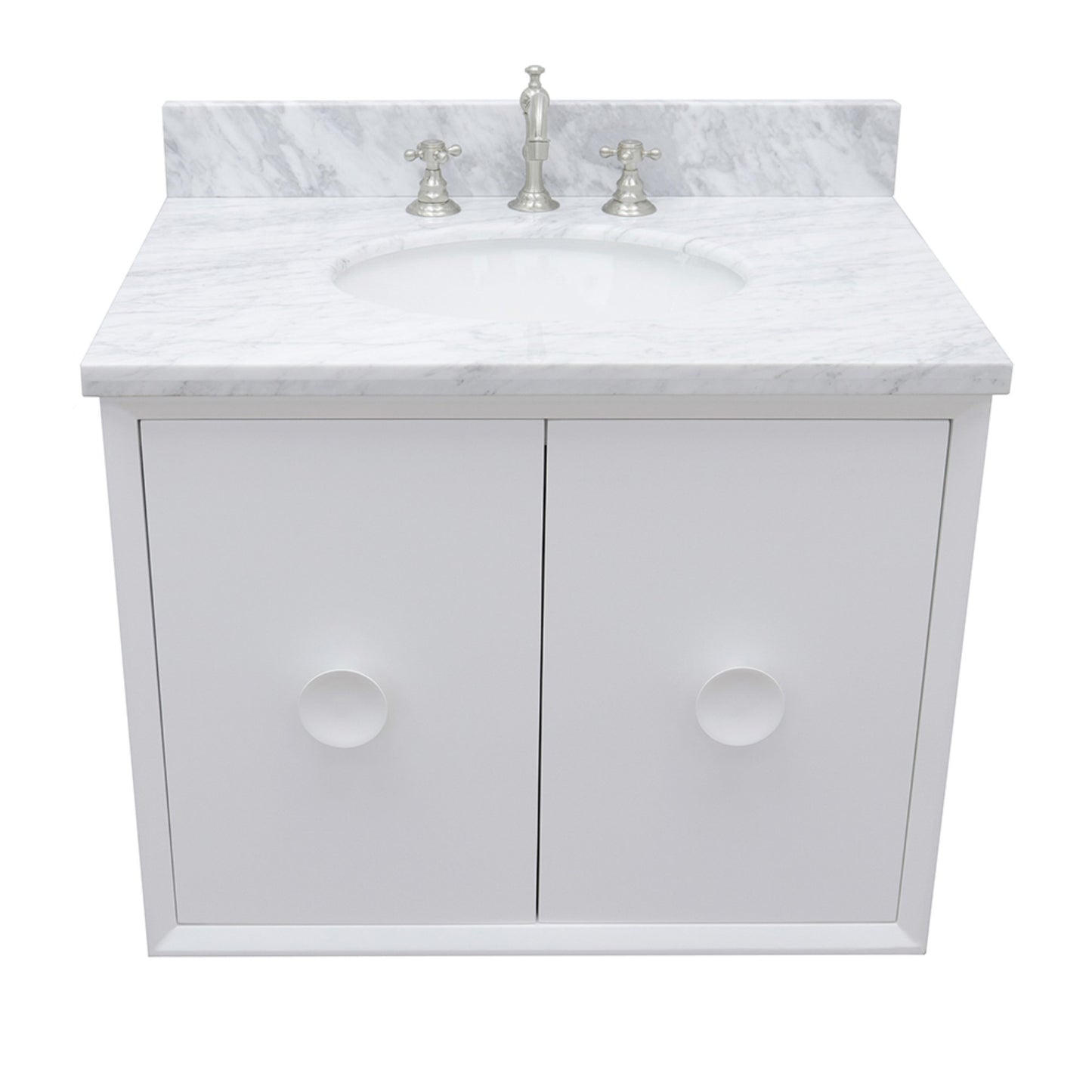 31" Single wall mount vanity in White finish with White Carrara top and oval sink