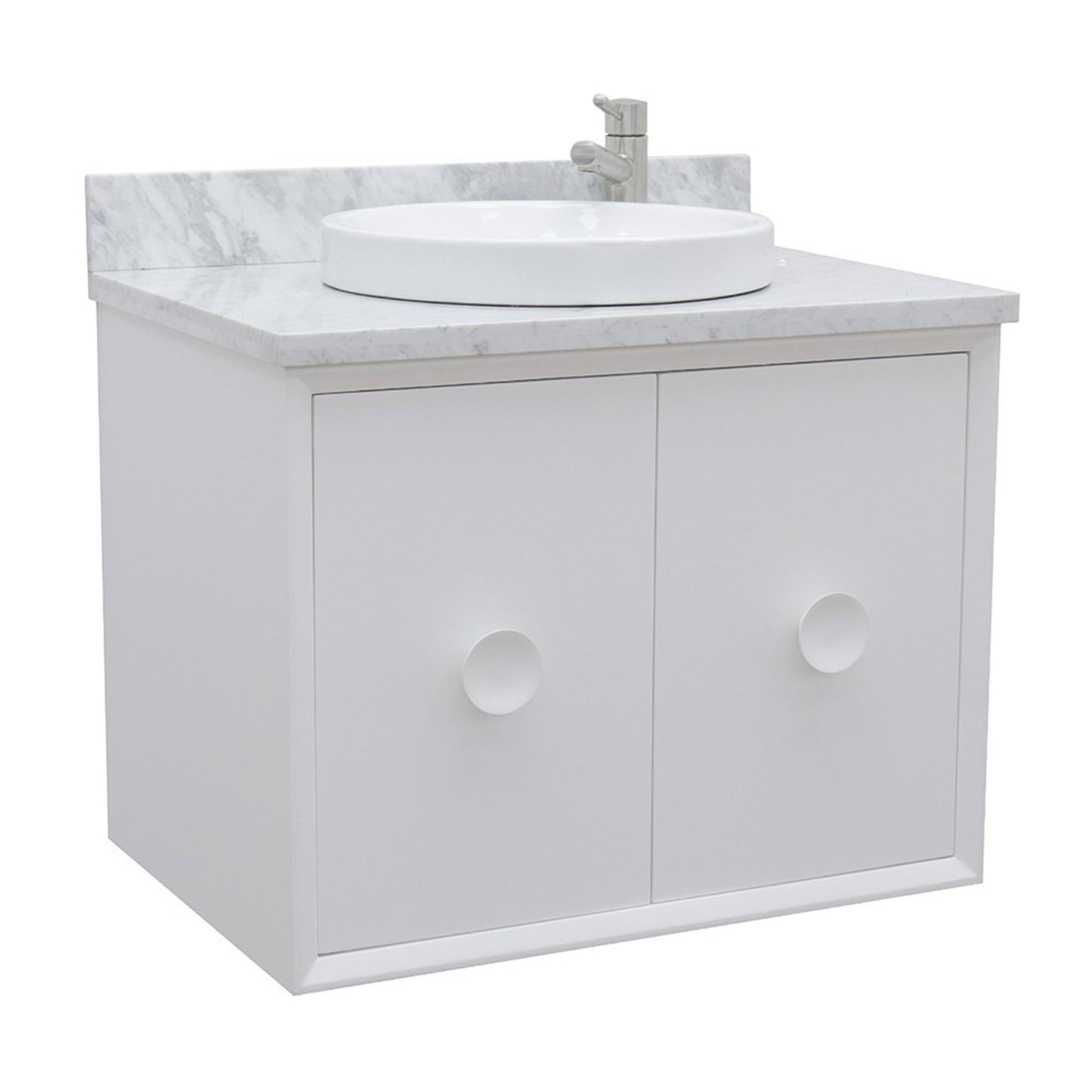 31" Single wall mount vanity in White finish with White Carrara top and round sink