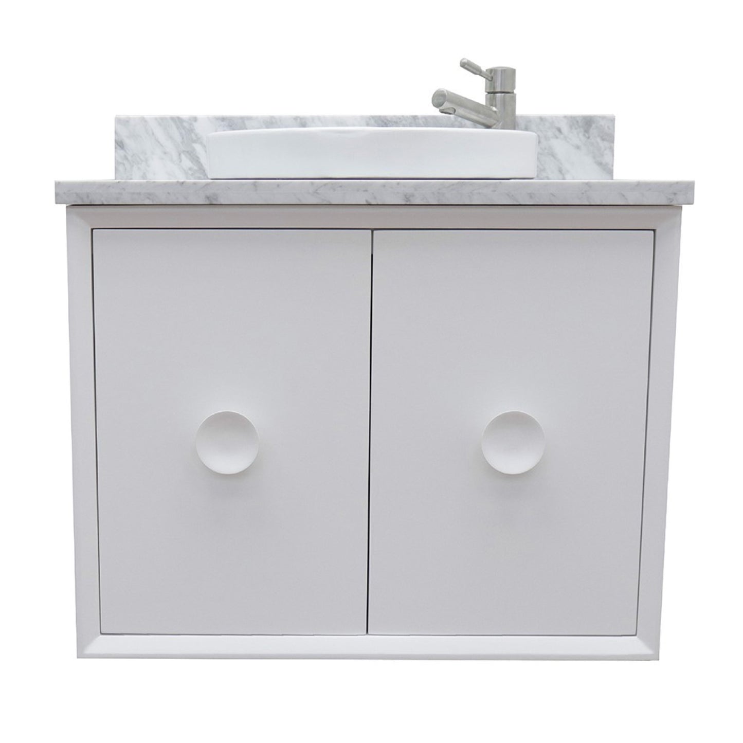 31" Single wall mount vanity in White finish with White Carrara top and round sink
