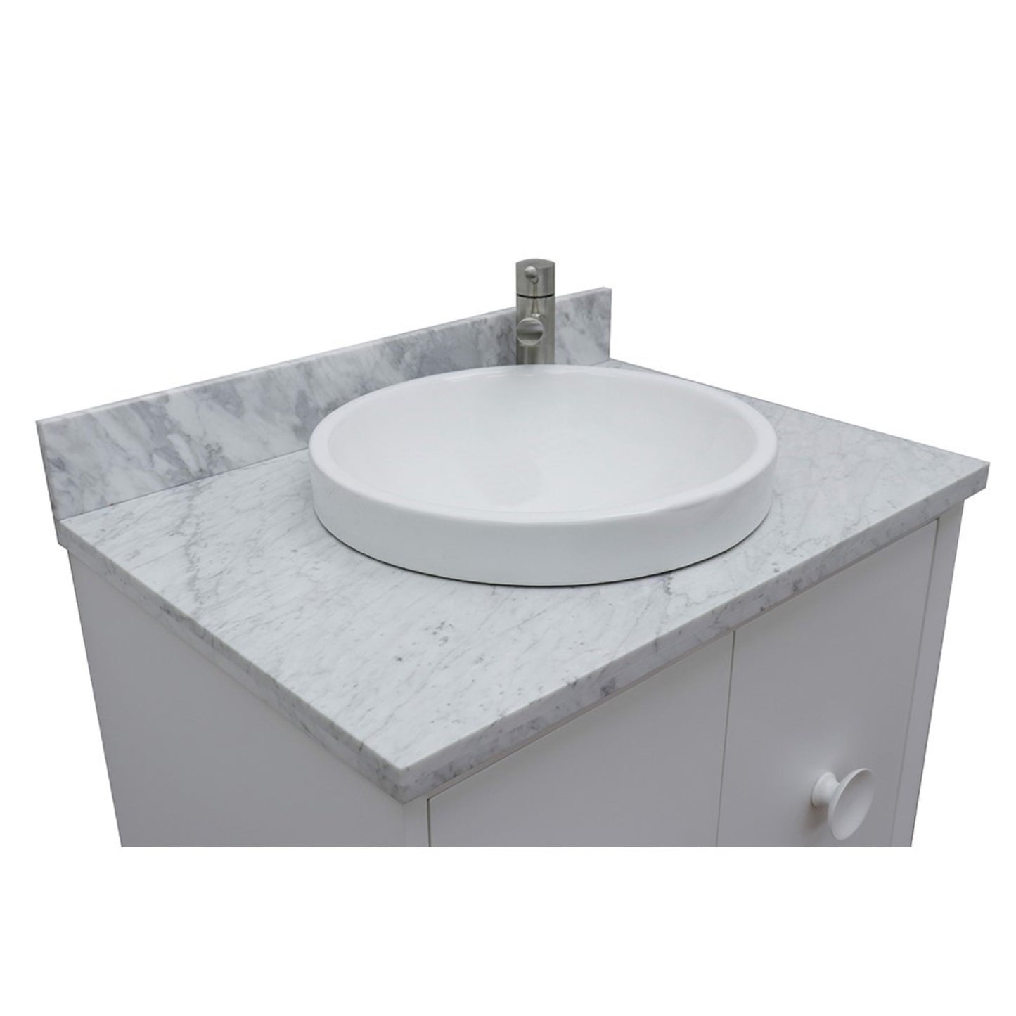 31" Single wall mount vanity in White finish with White Carrara top and round sink