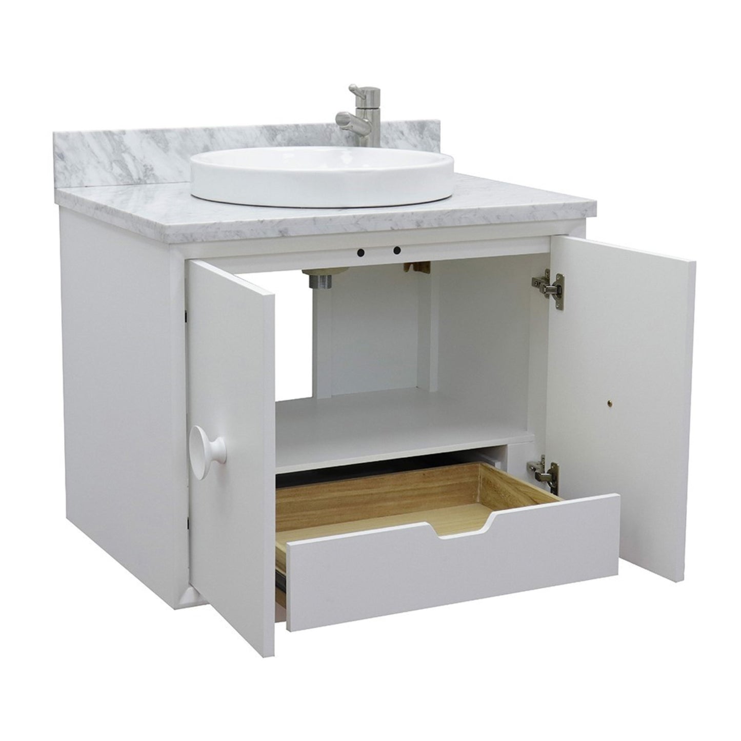 31" Single wall mount vanity in White finish with White Carrara top and round sink