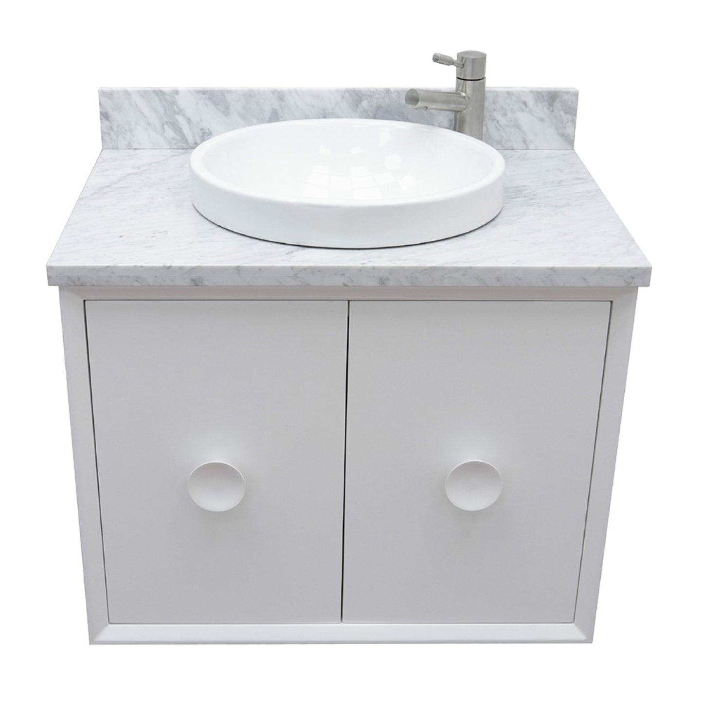 31" Single wall mount vanity in White finish with White Carrara top and round sink