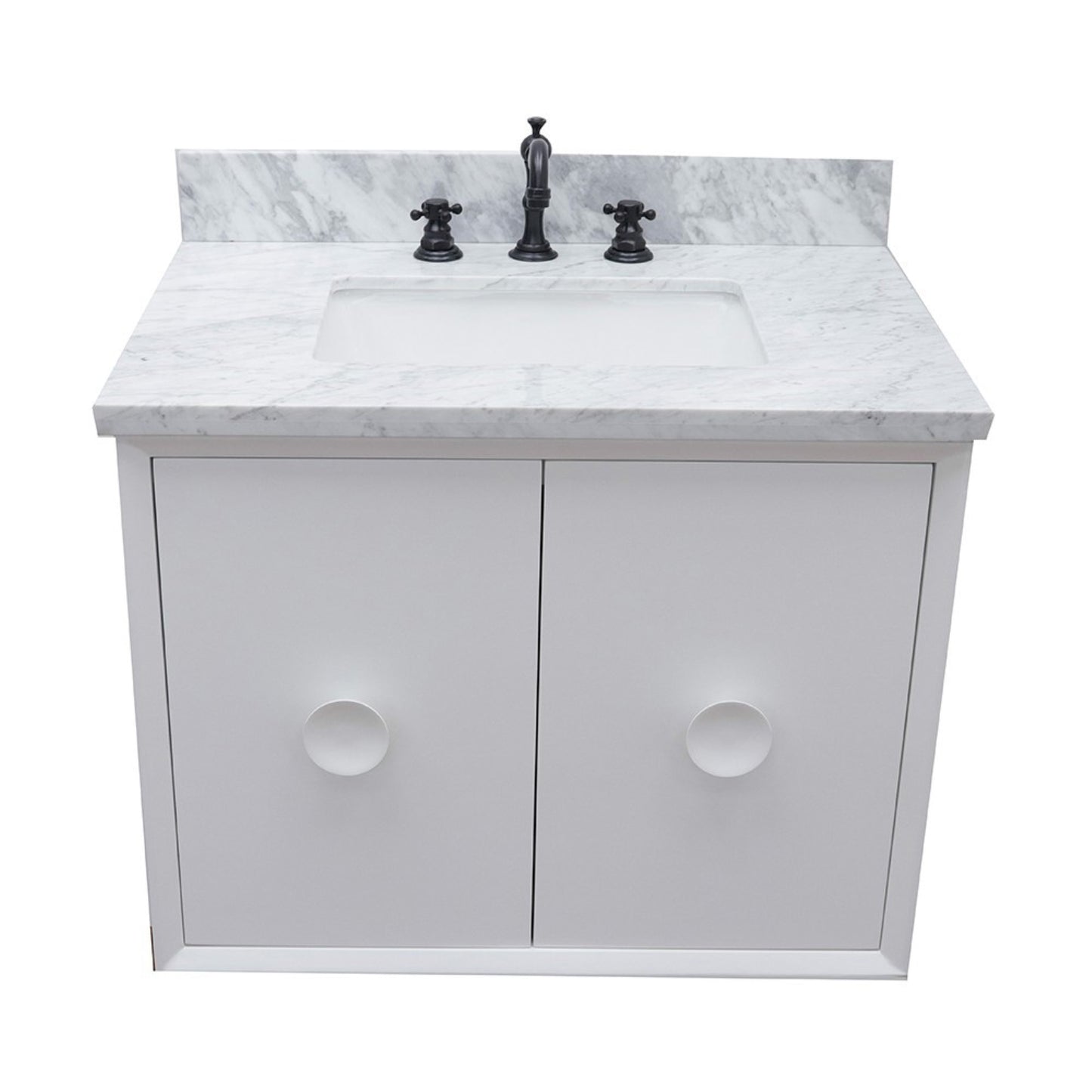 31" Single wall mount vanity in White finish with White Carrara top and rectangle sink