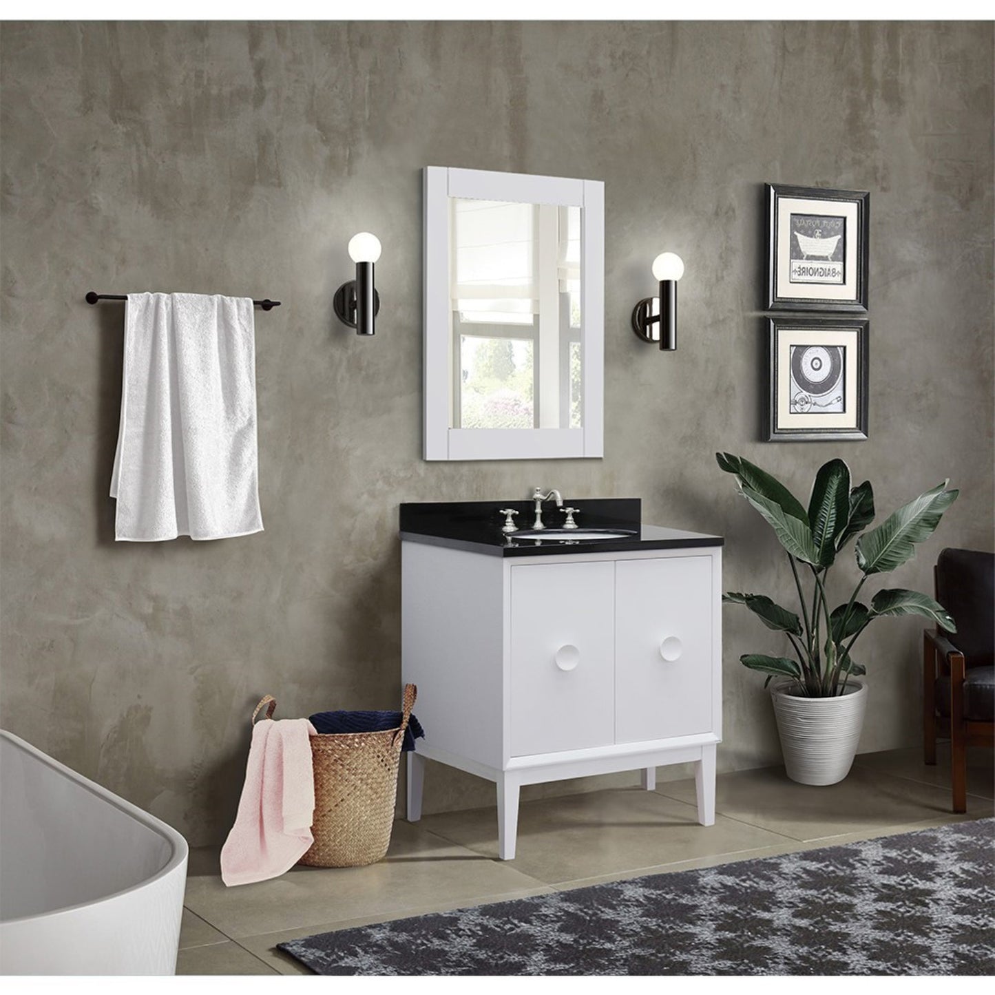 31" Single vanity in White finish with Black Galaxy top and oval sink