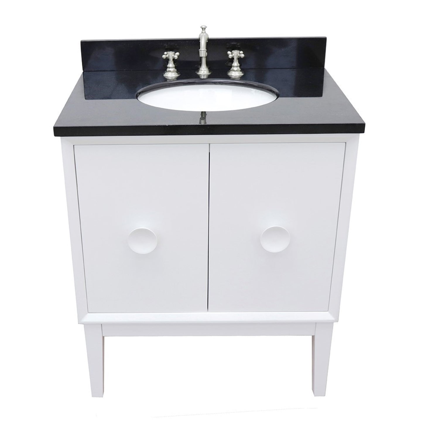 31" Single vanity in White finish with Black Galaxy top and oval sink