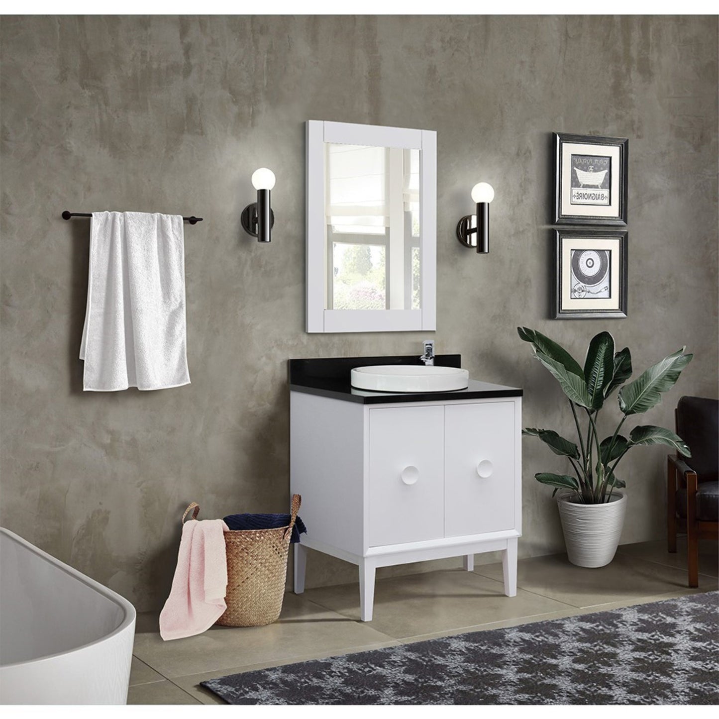 31" Single vanity in White finish with Black Galaxy top and round sink