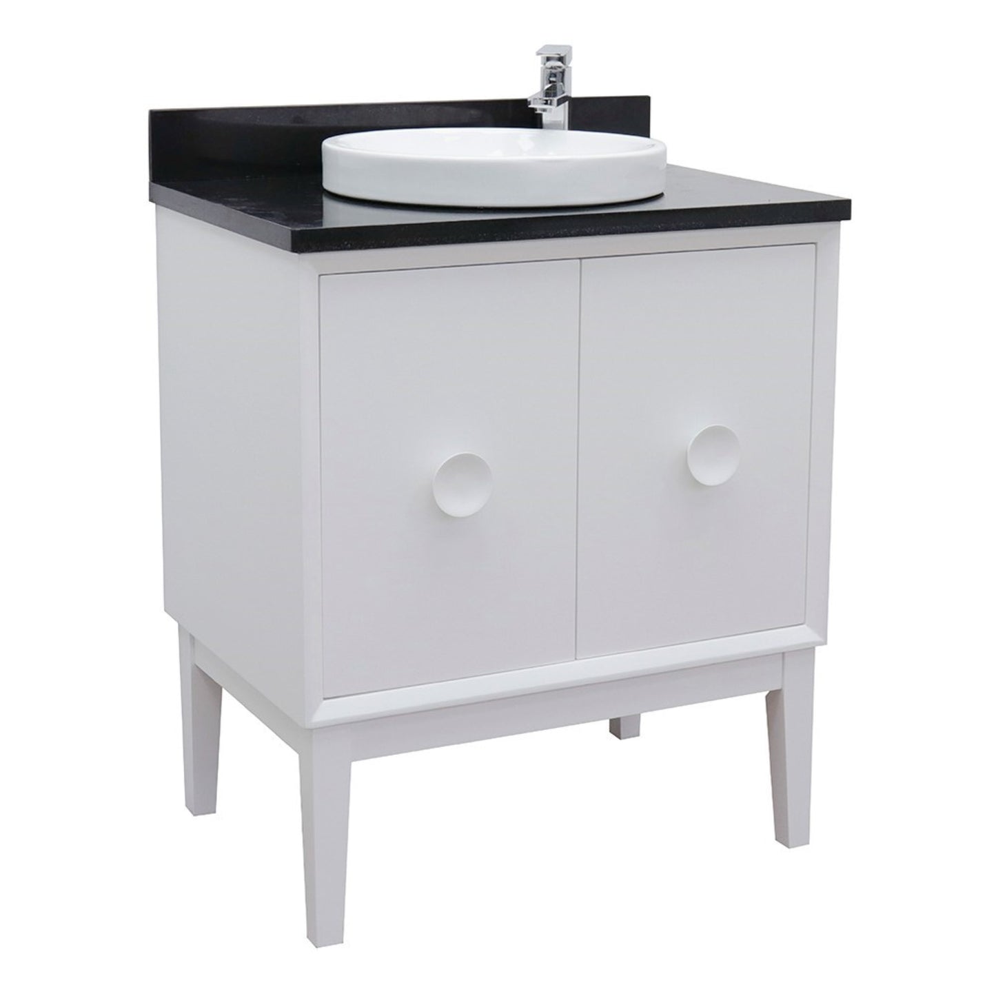 31" Single vanity in White finish with Black Galaxy top and round sink