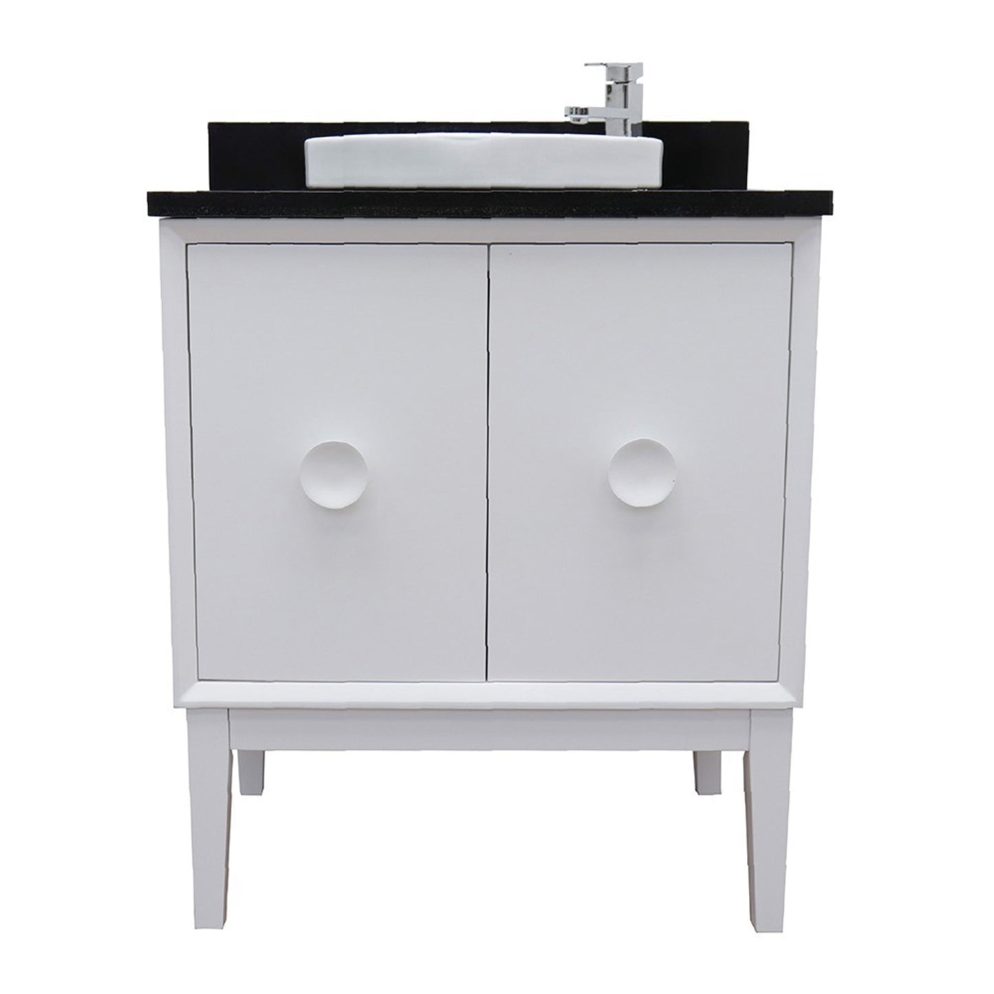 31" Single vanity in White finish with Black Galaxy top and round sink