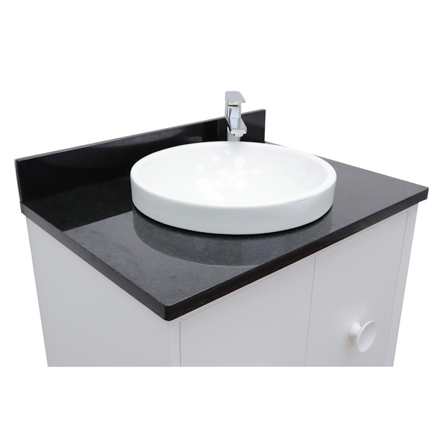 31" Single vanity in White finish with Black Galaxy top and round sink