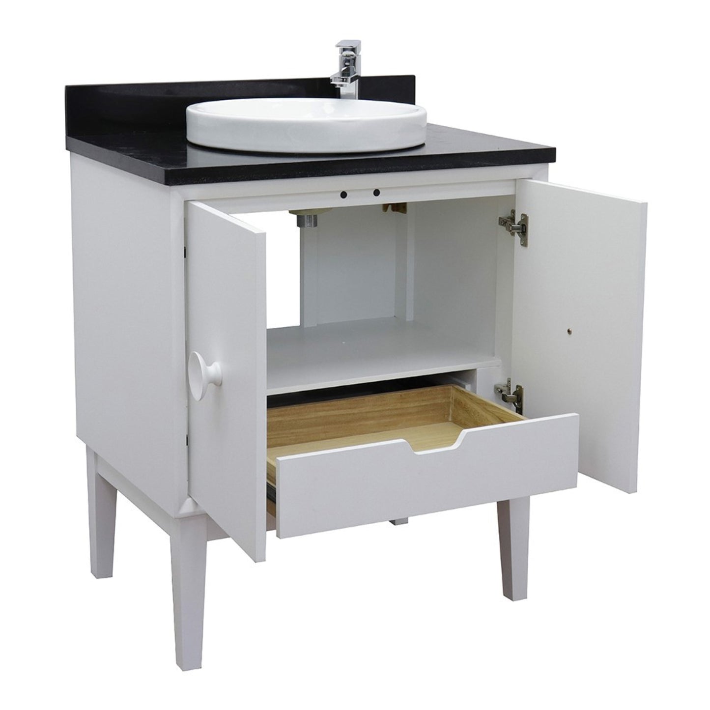 31" Single vanity in White finish with Black Galaxy top and round sink
