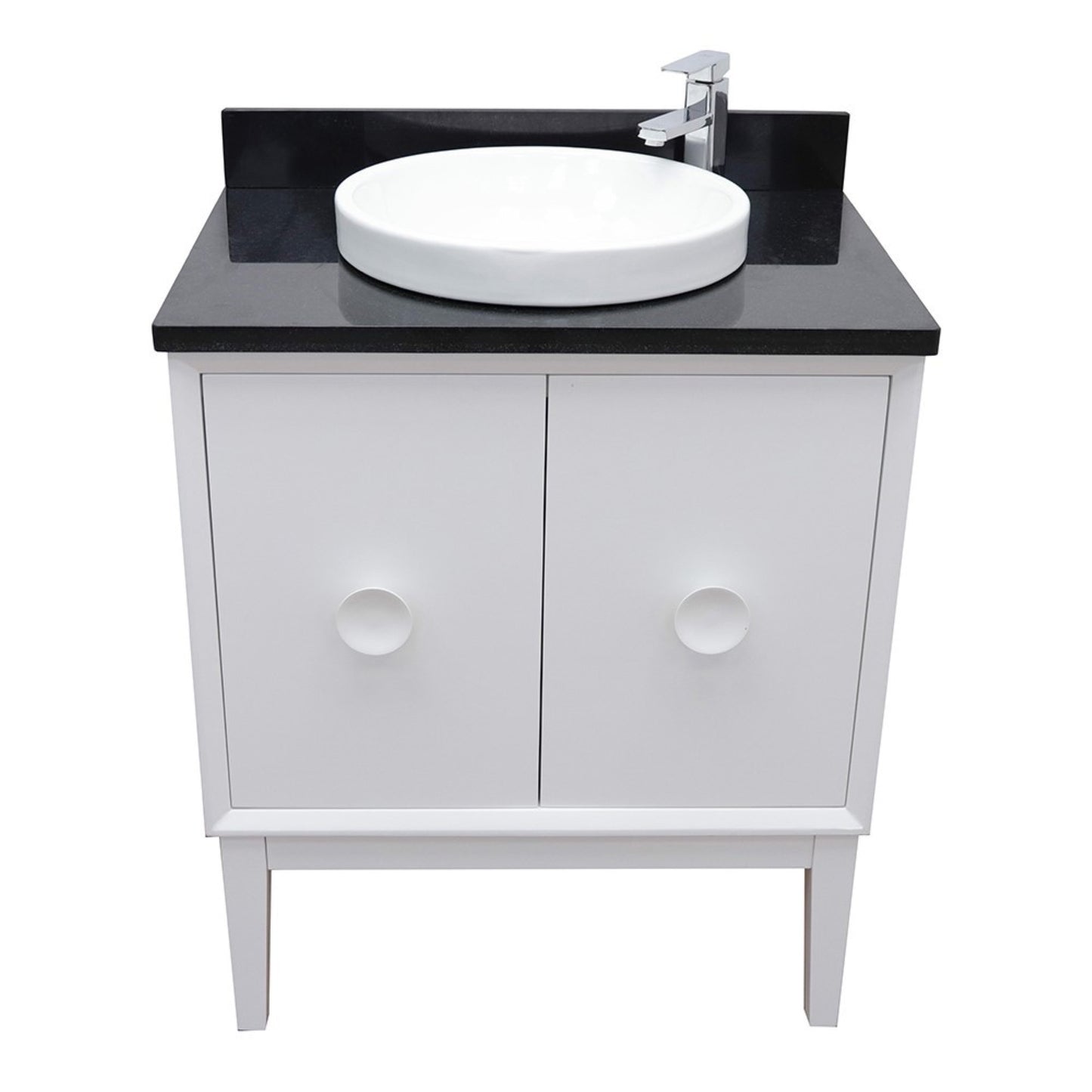 31" Single vanity in White finish with Black Galaxy top and round sink
