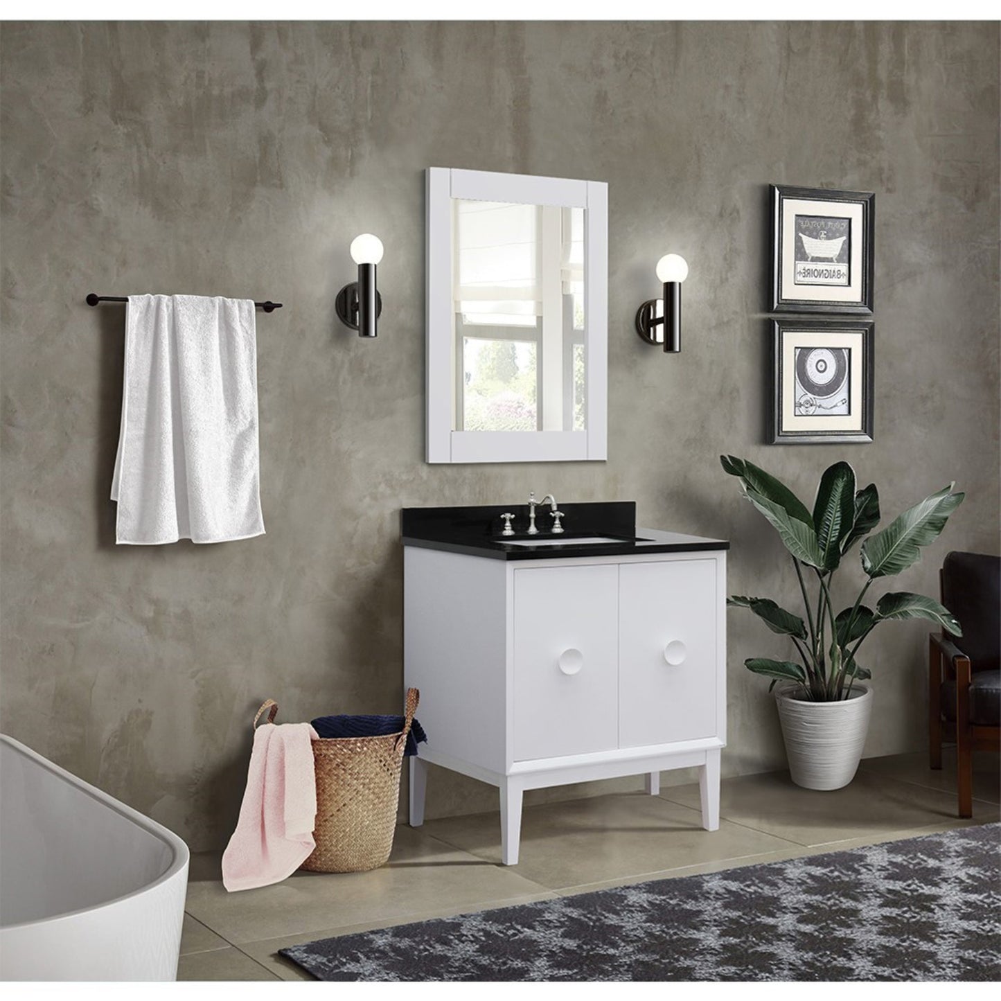 31" Single vanity in White finish with Black Galaxy top and rectangle sink