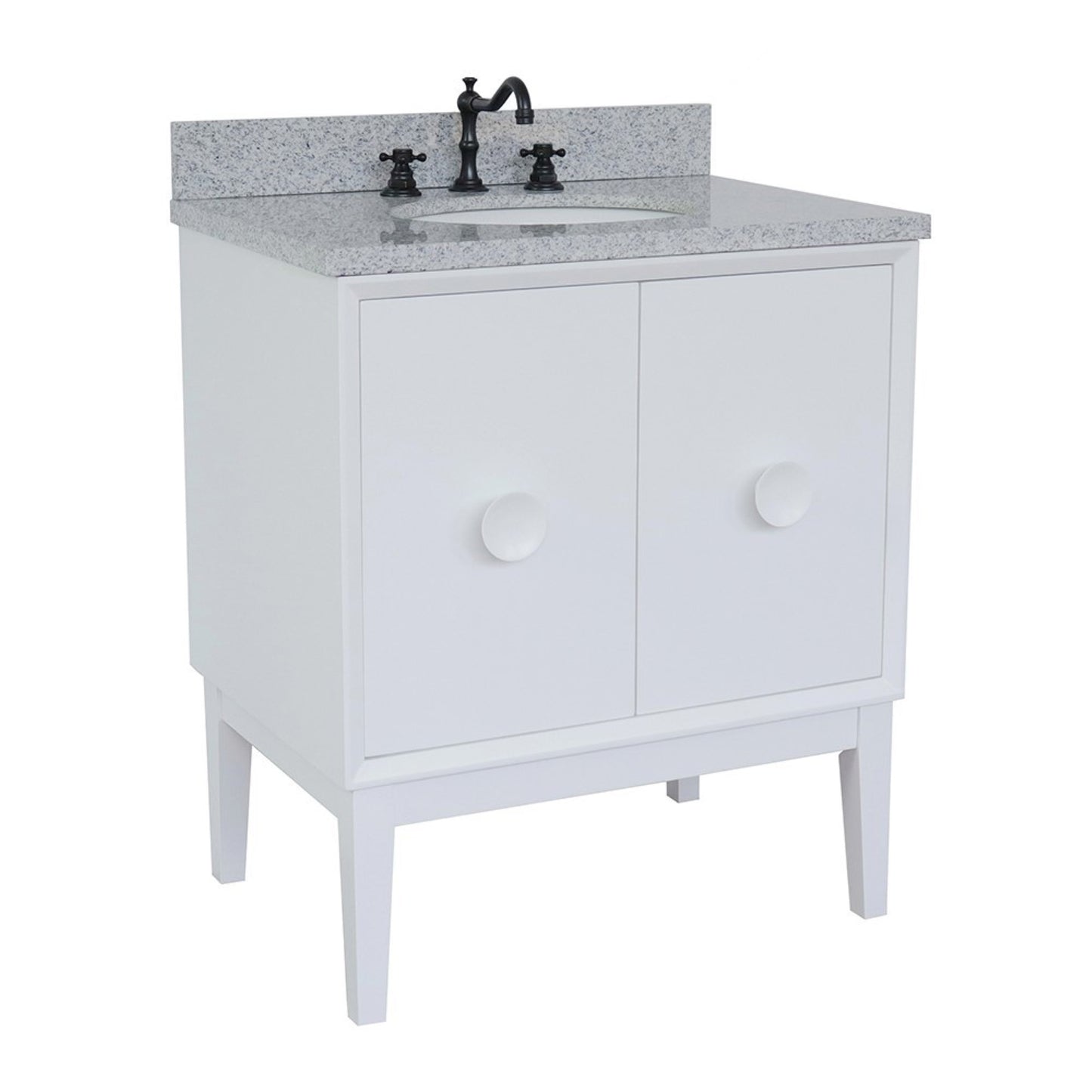 31" Single vanity in White finish with Gray granite top and oval sink