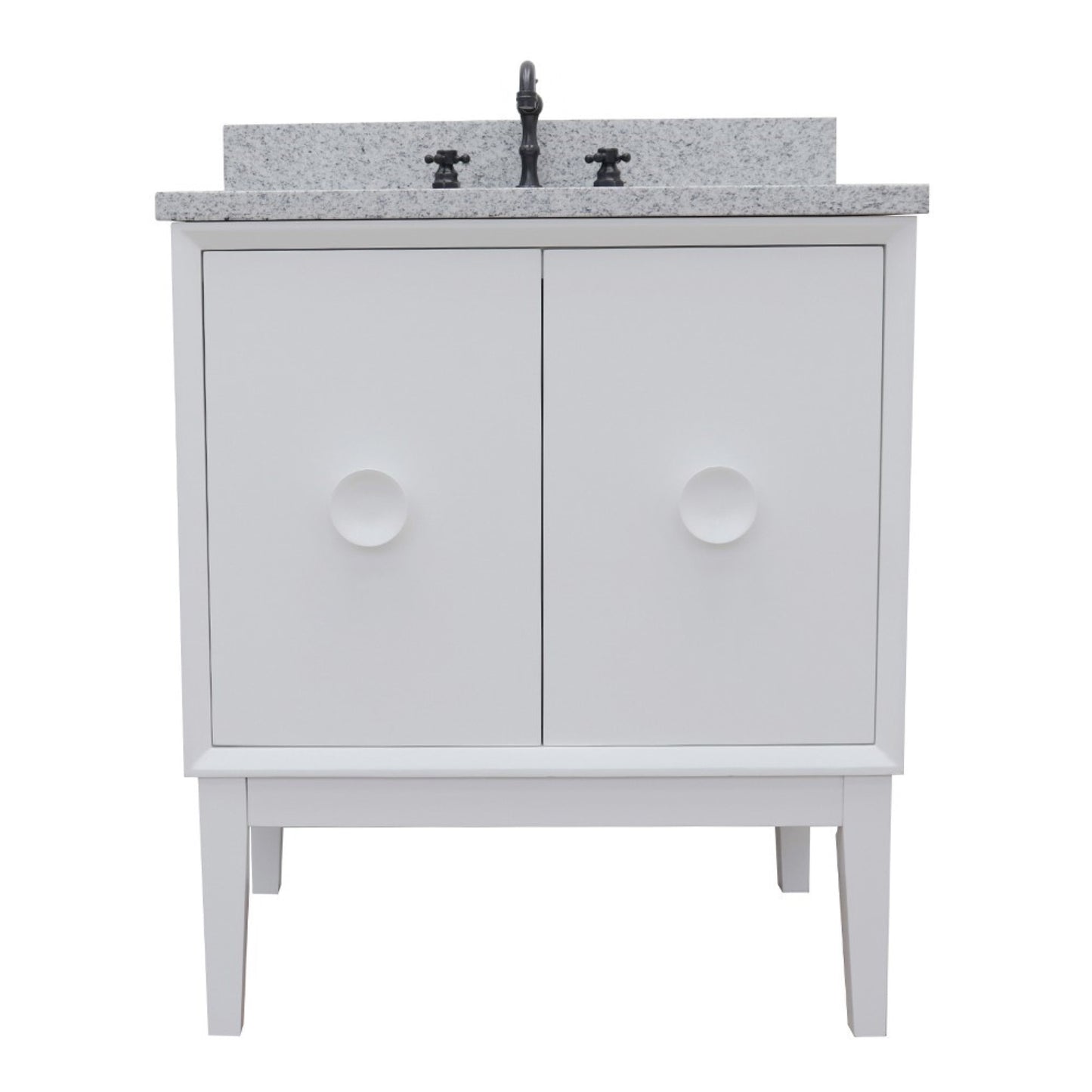 31" Single vanity in White finish with Gray granite top and oval sink
