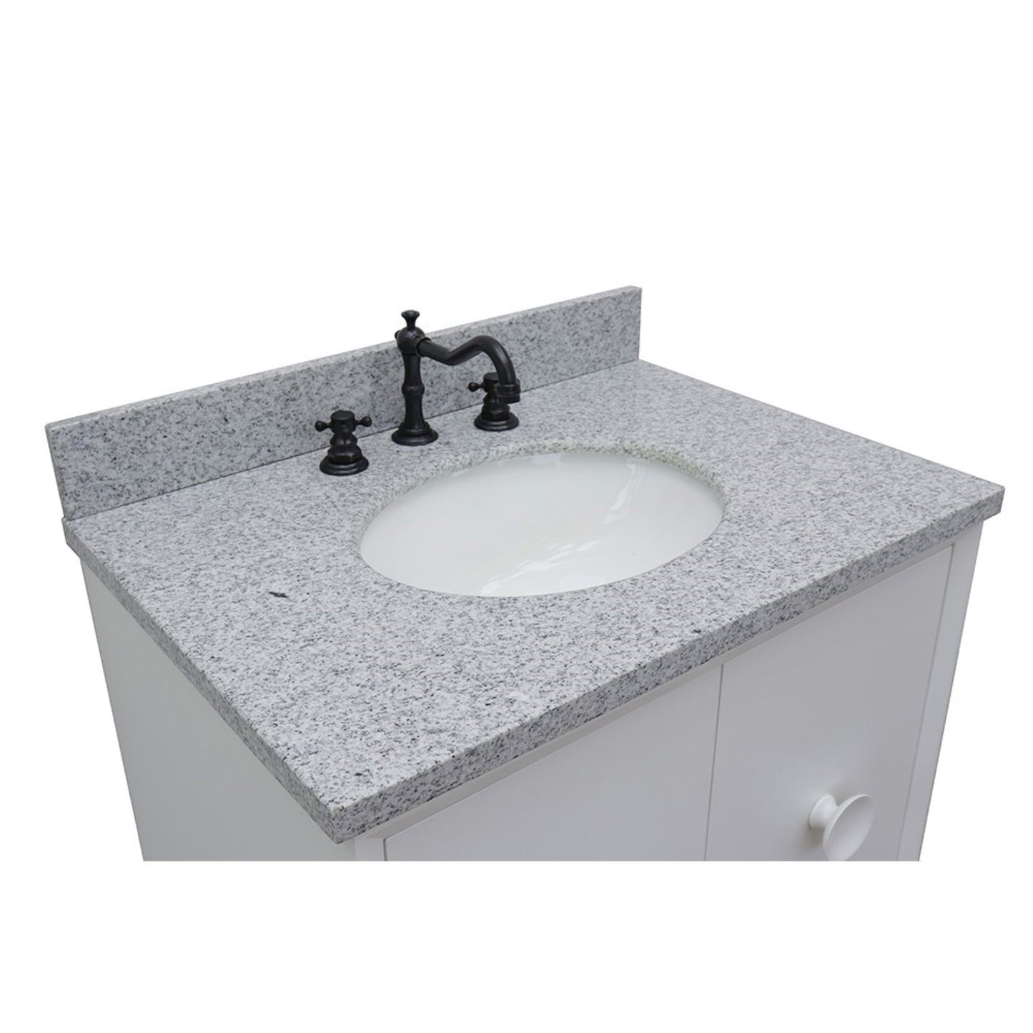31" Single vanity in White finish with Gray granite top and oval sink