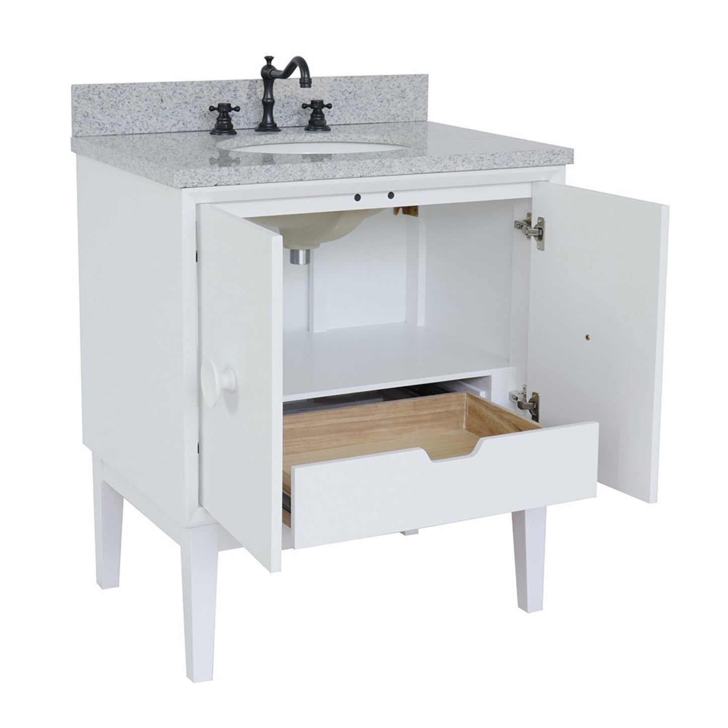 31" Single vanity in White finish with Gray granite top and oval sink