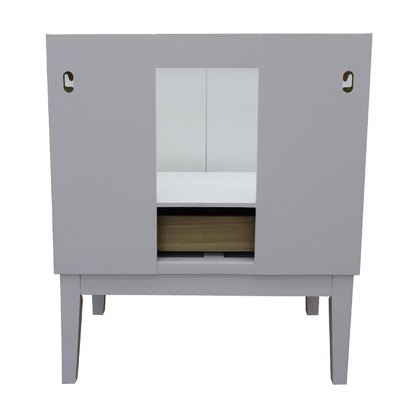 31" Single vanity in White finish with Gray granite top and oval sink