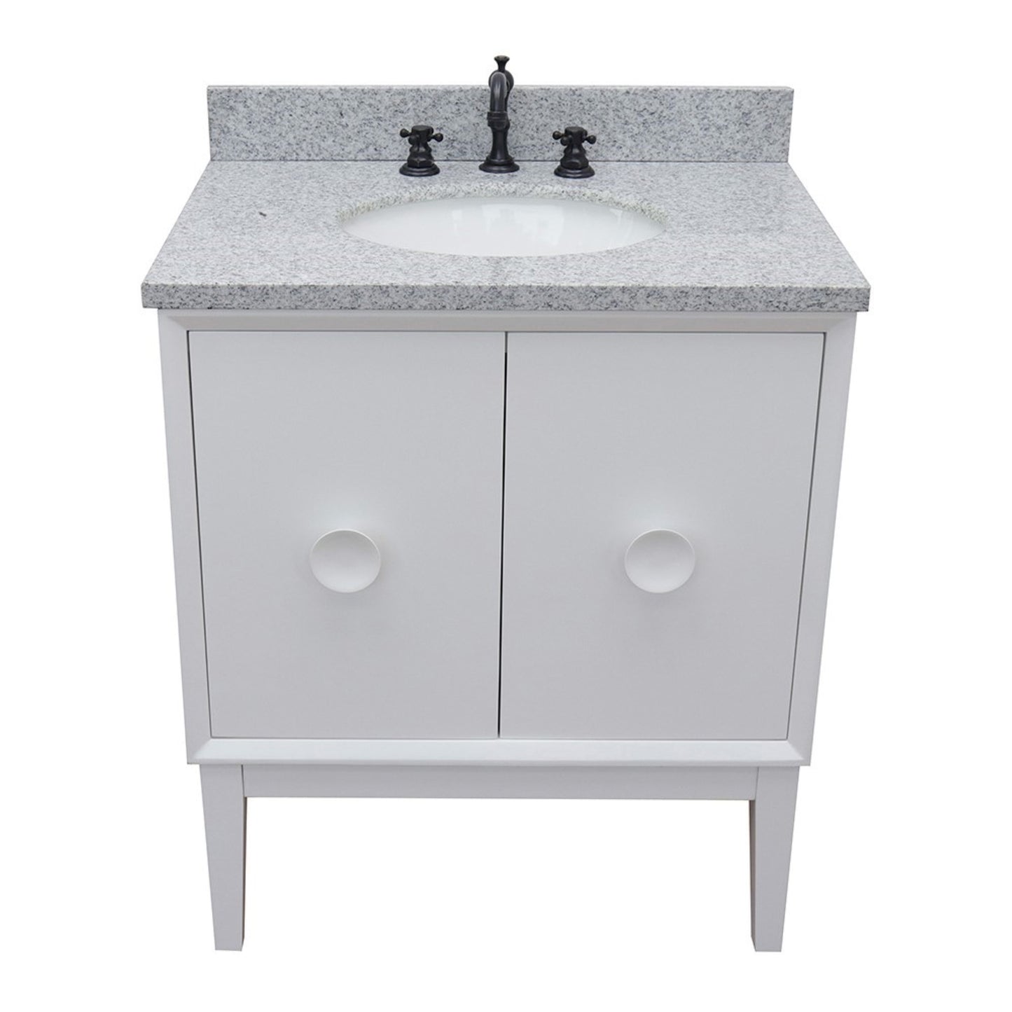 31" Single vanity in White finish with Gray granite top and oval sink