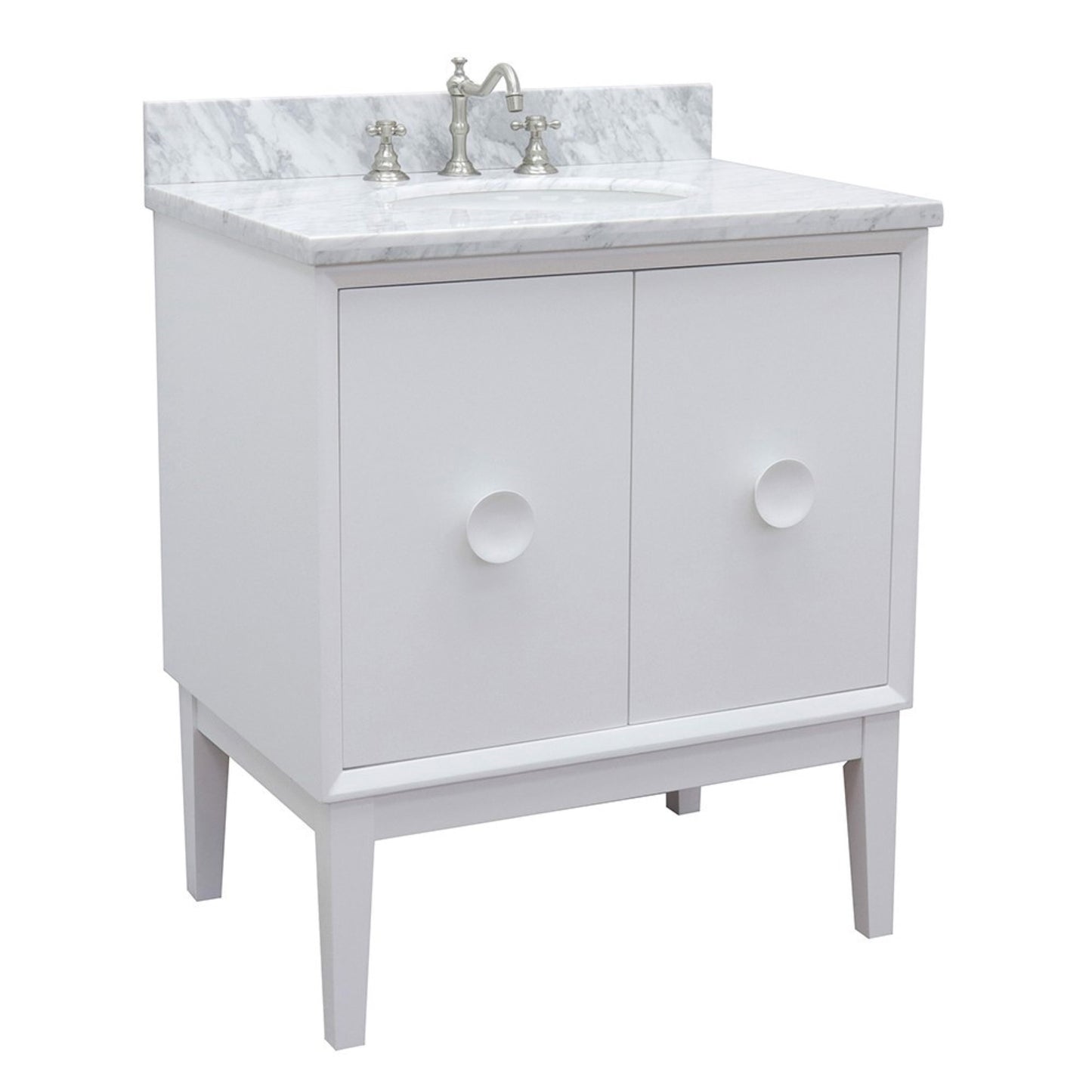 31" Single vanity in White finish with White Carrara top and oval sink