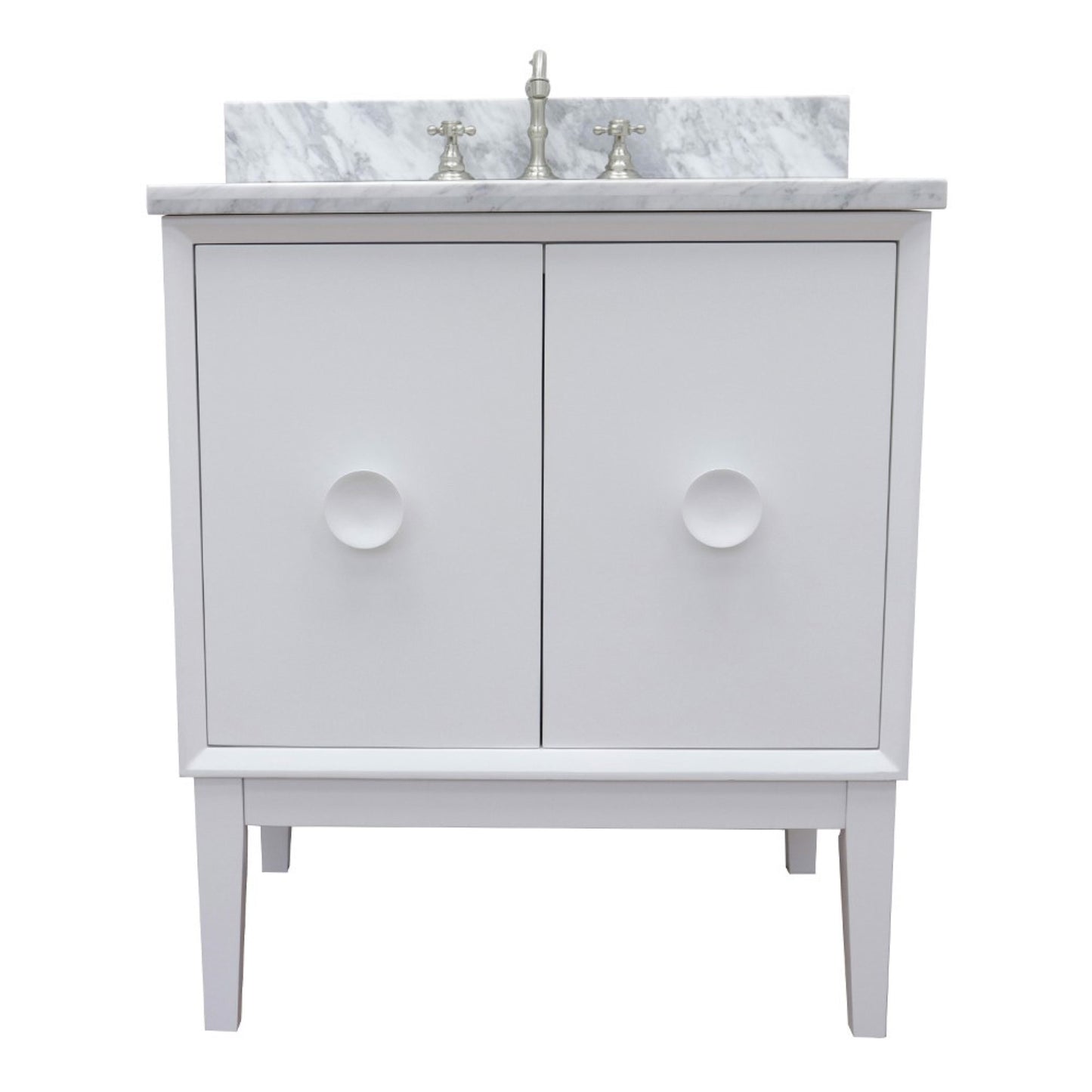 31" Single vanity in White finish with White Carrara top and oval sink