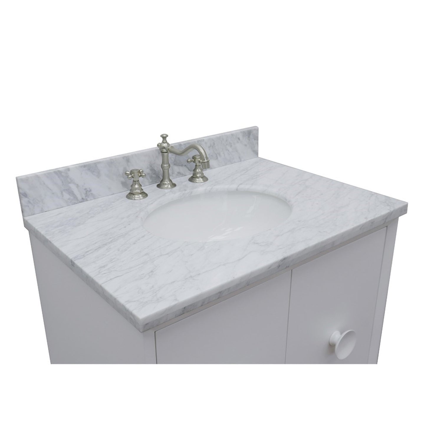 31" Single vanity in White finish with White Carrara top and oval sink