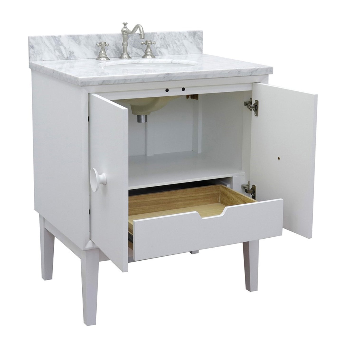 31" Single vanity in White finish with White Carrara top and oval sink