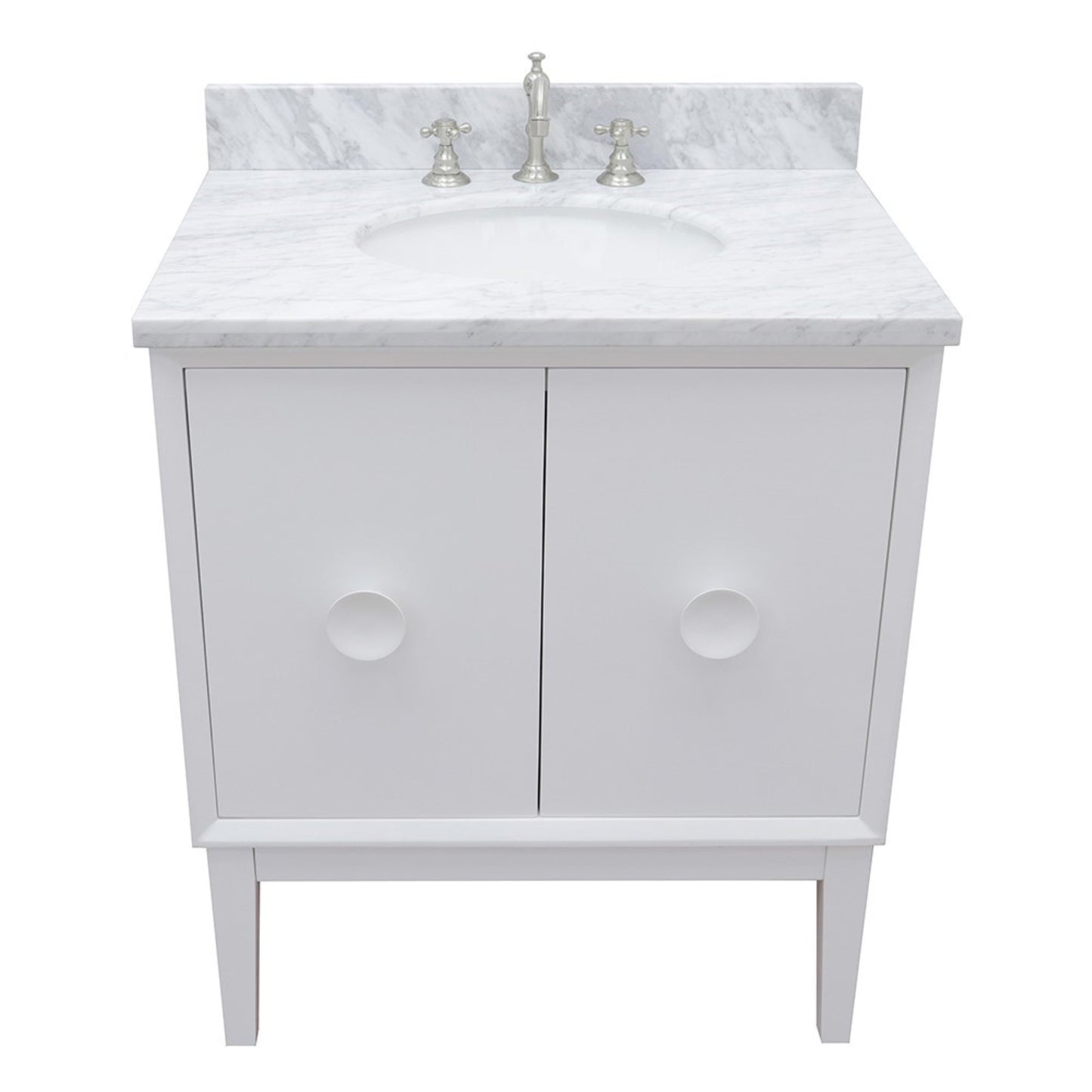 31" Single vanity in White finish with White Carrara top and oval sink