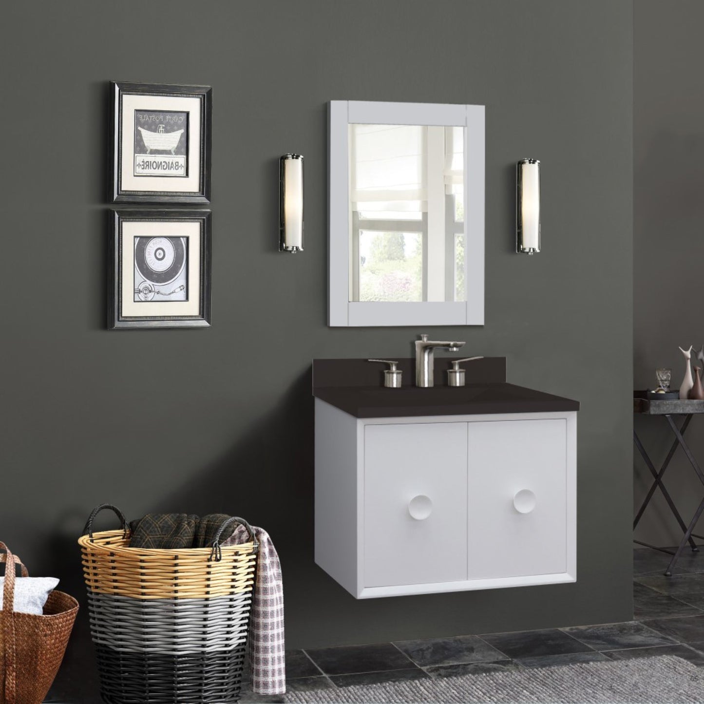 31" Single Vanity in White Finish with Black Concrete Top and Rectangle Sink