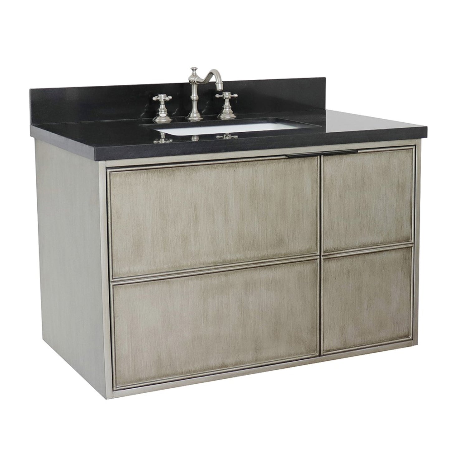 37" Single wall mount vanity in Linen Brown finish with Black Galaxy top and rectangle sink