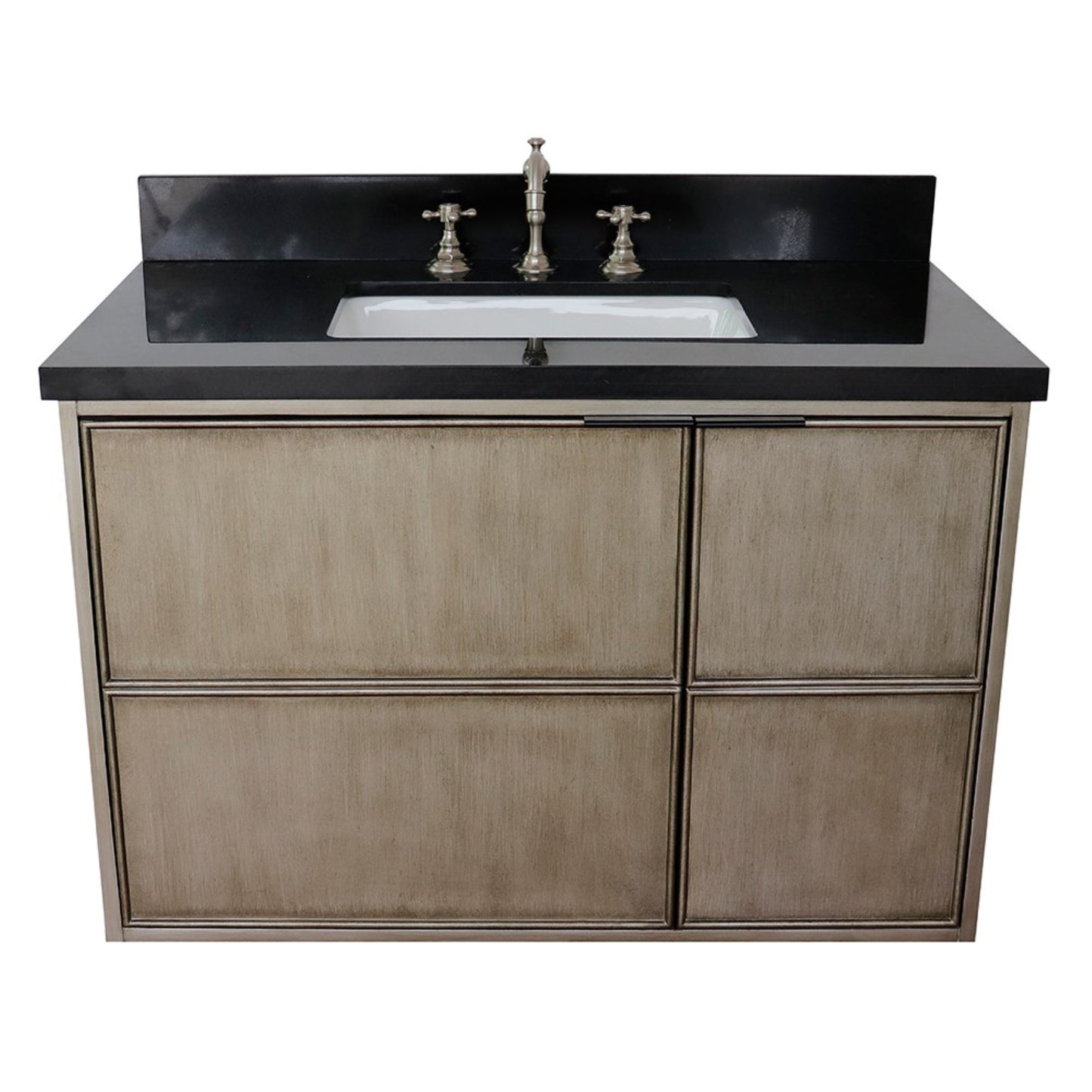 37" Single wall mount vanity in Linen Brown finish with Black Galaxy top and rectangle sink