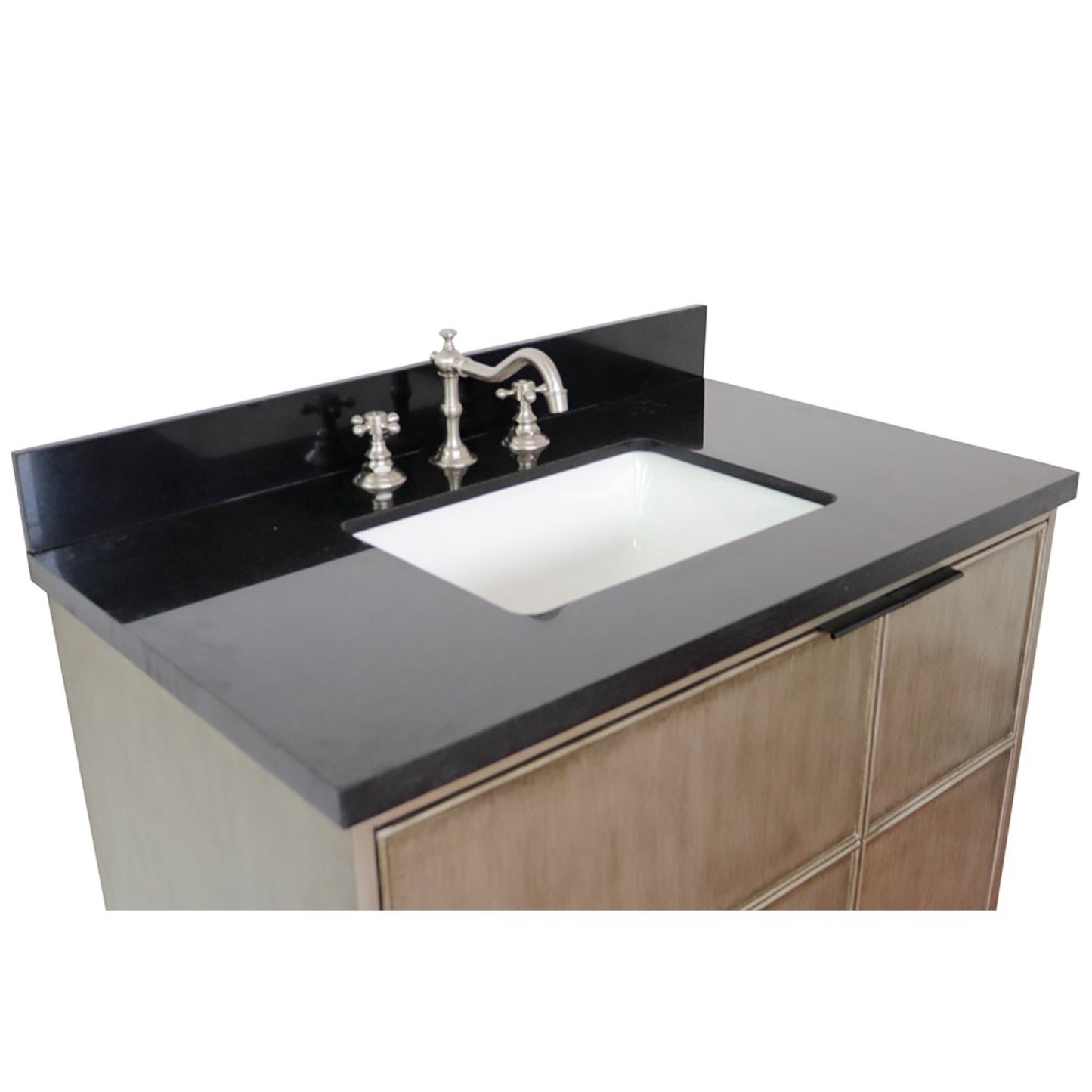 37" Single wall mount vanity in Linen Brown finish with Black Galaxy top and rectangle sink