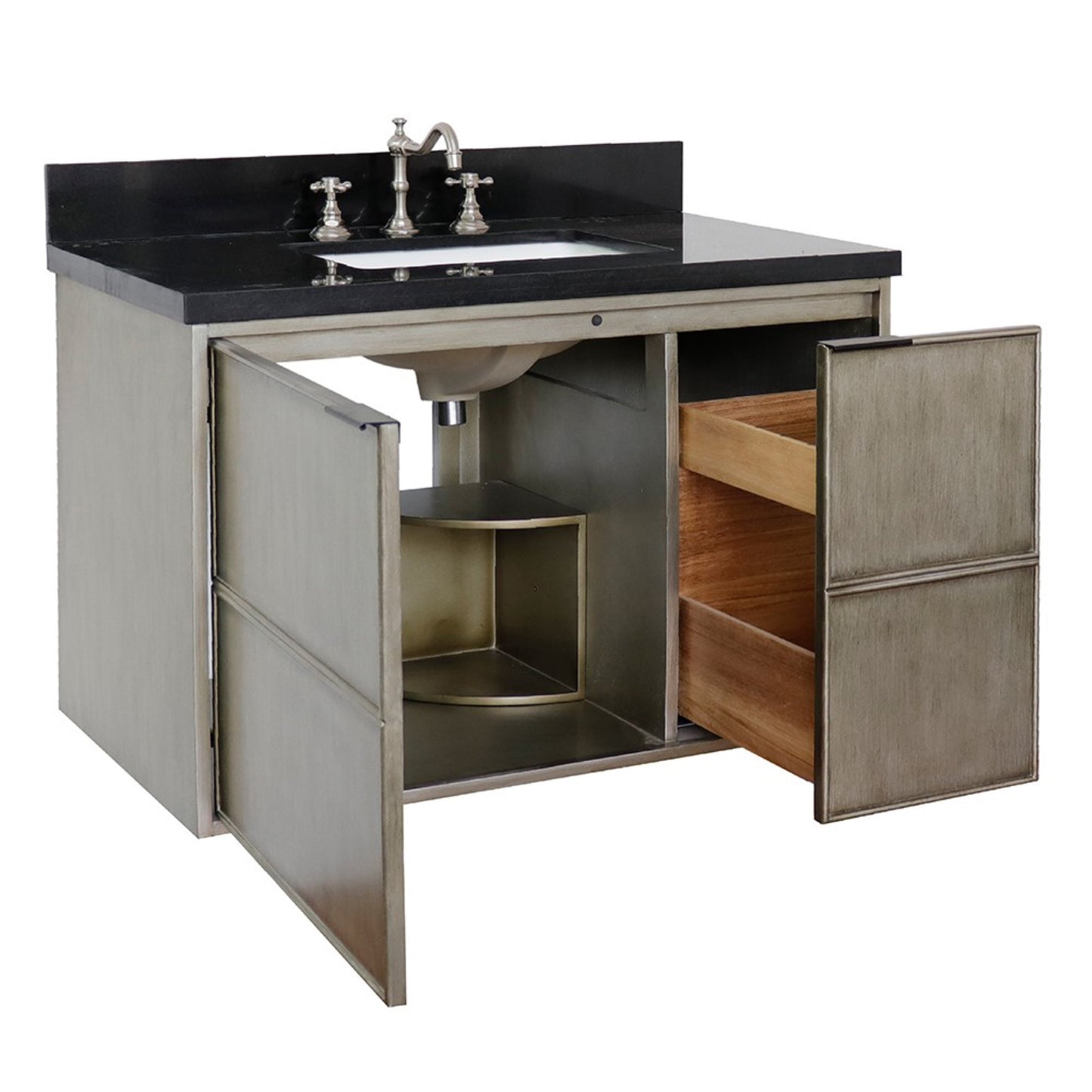 37" Single wall mount vanity in Linen Brown finish with Black Galaxy top and rectangle sink
