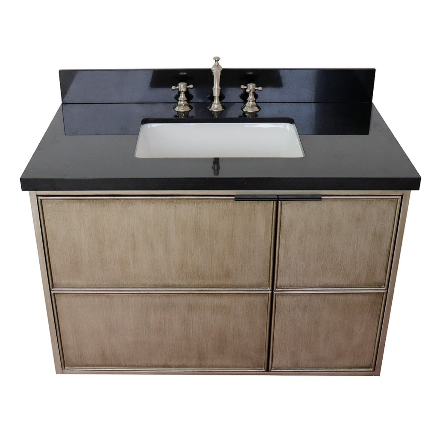 37" Single wall mount vanity in Linen Brown finish with Black Galaxy top and rectangle sink