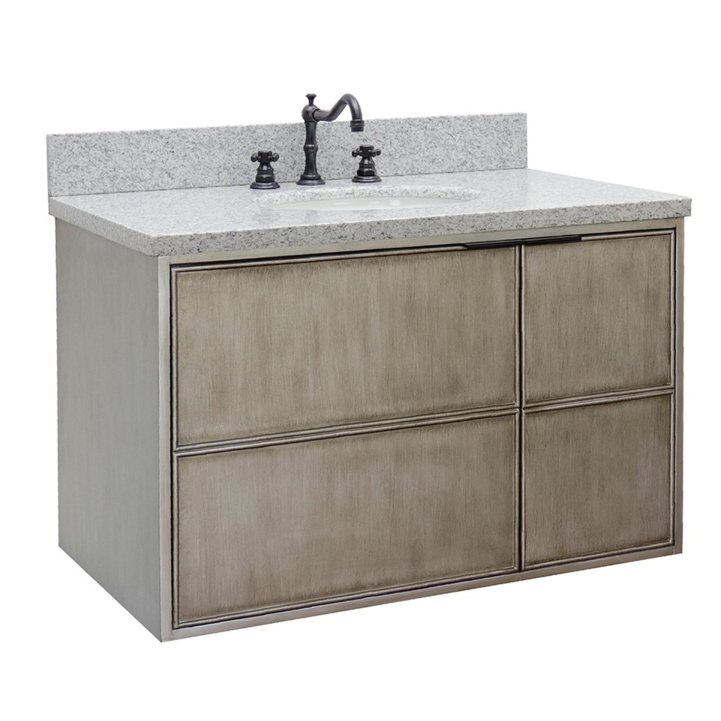 37" Single wall mount vanity in Linen Brown finish with Gray granite top and oval sink
