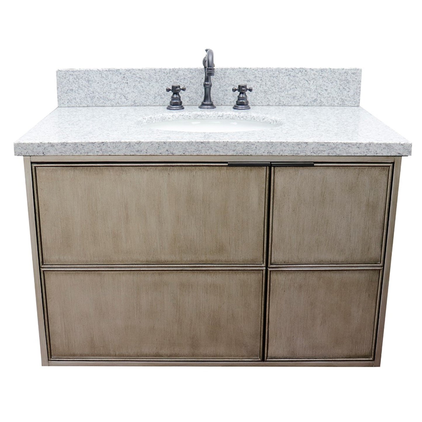 37" Single wall mount vanity in Linen Brown finish with Gray granite top and oval sink