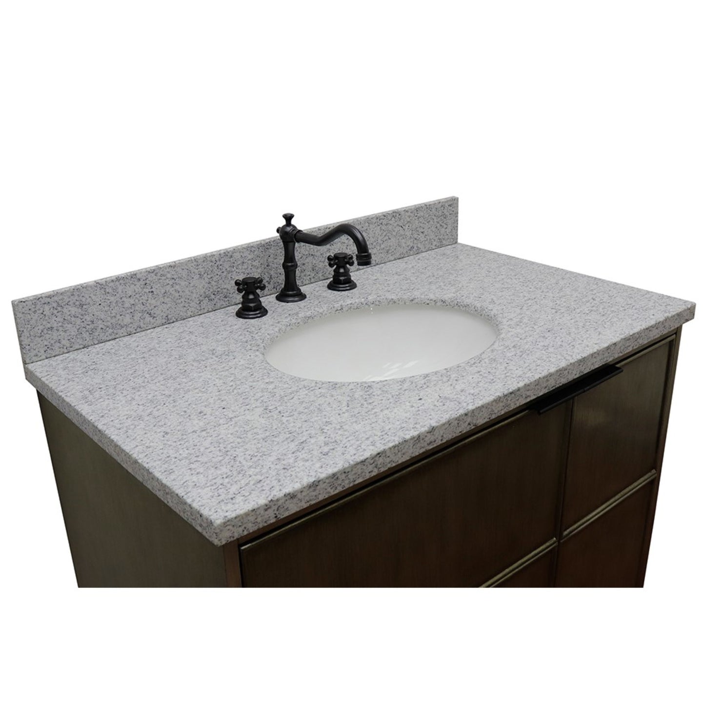 37" Single wall mount vanity in Linen Brown finish with Gray granite top and oval sink