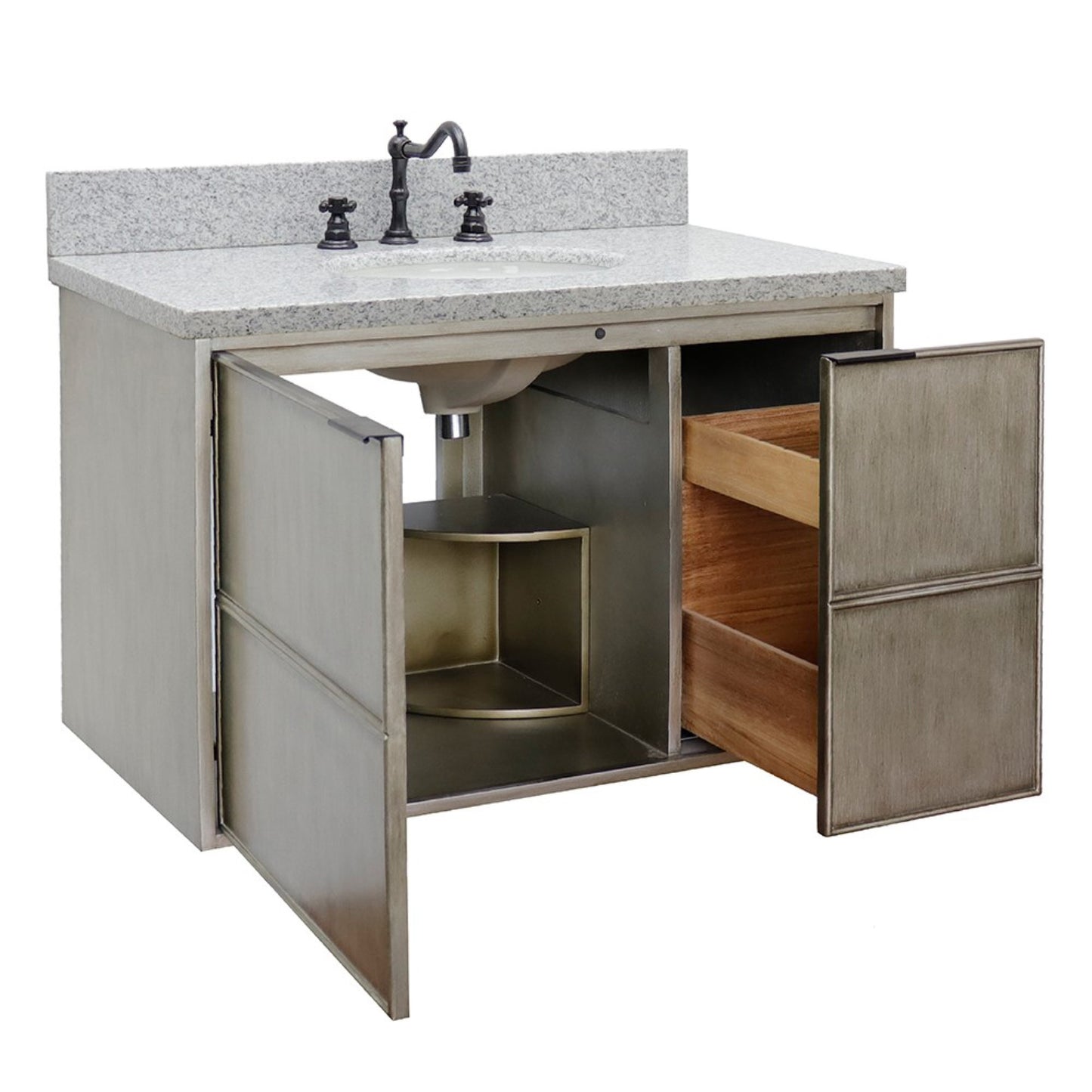 37" Single wall mount vanity in Linen Brown finish with Gray granite top and oval sink
