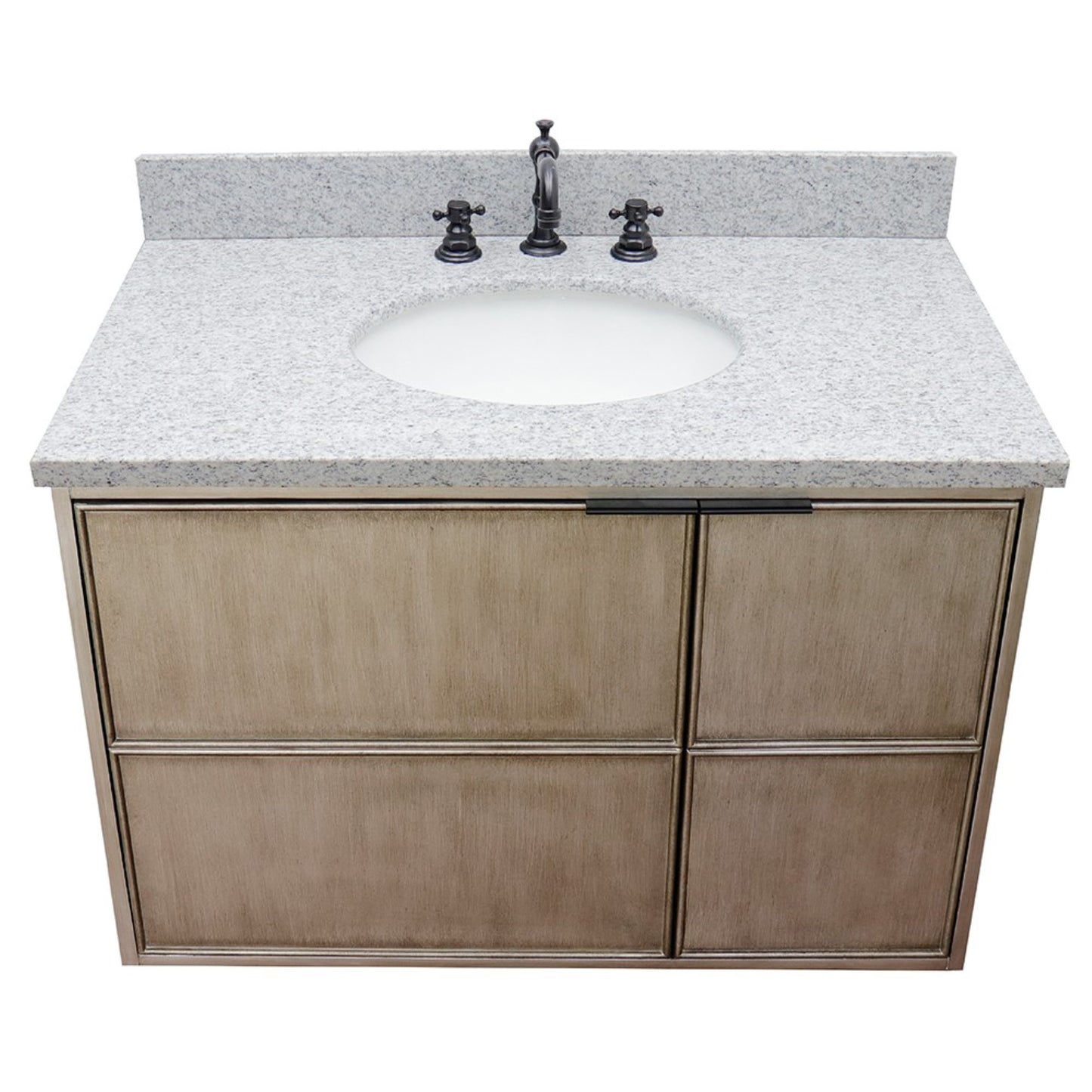 37" Single wall mount vanity in Linen Brown finish with Gray granite top and oval sink