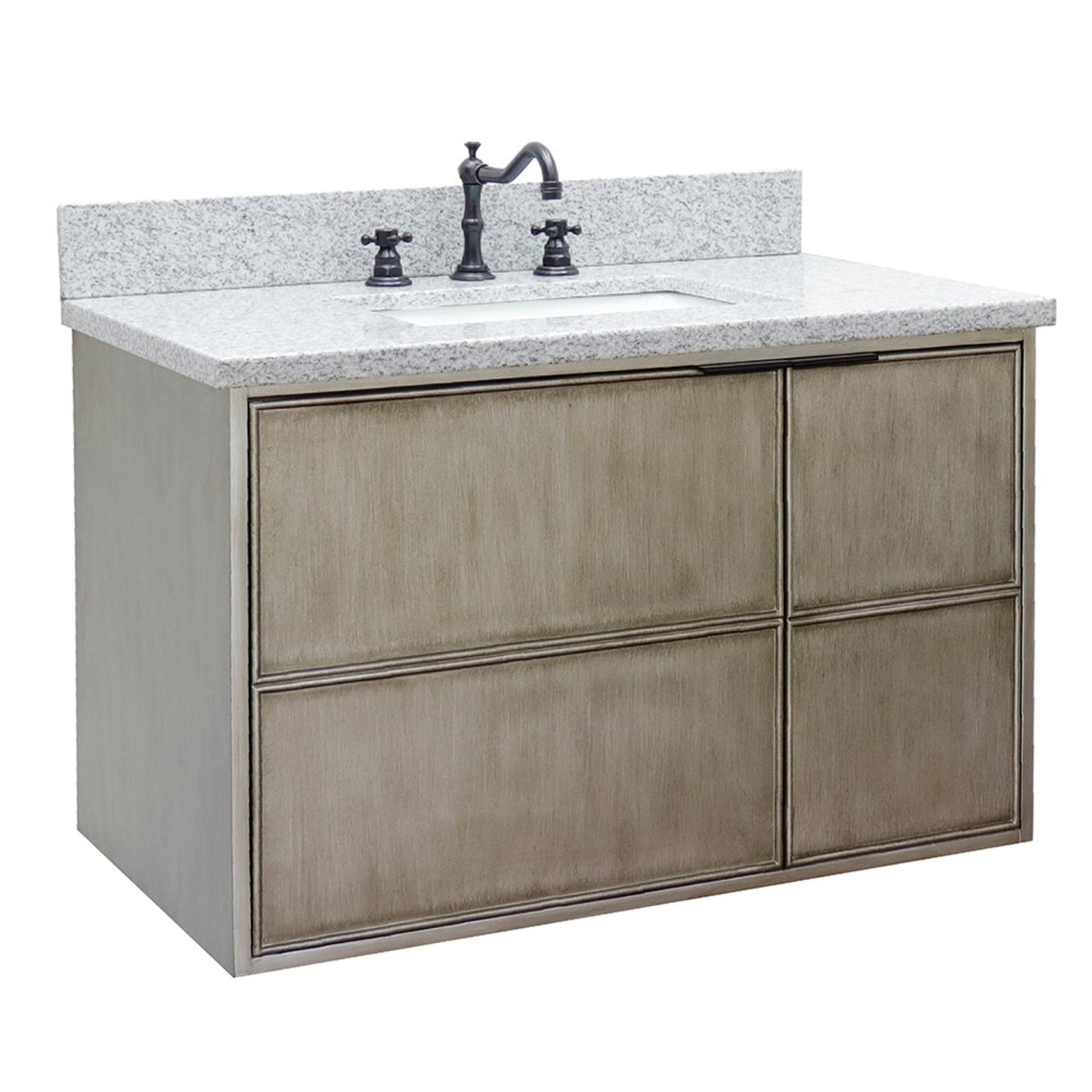 37" Single wall mount vanity in Linen Brown finish with Gray granite top and rectangle sink