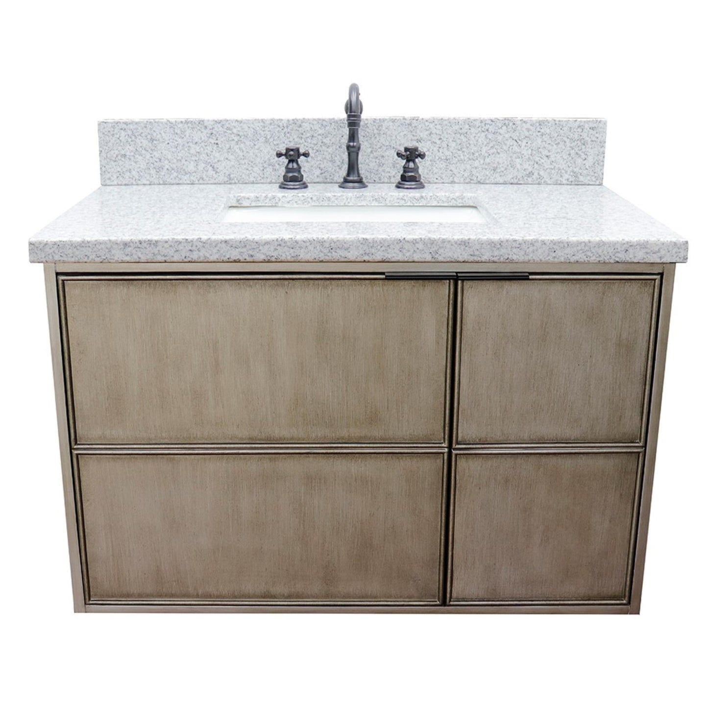 37" Single wall mount vanity in Linen Brown finish with Gray granite top and rectangle sink