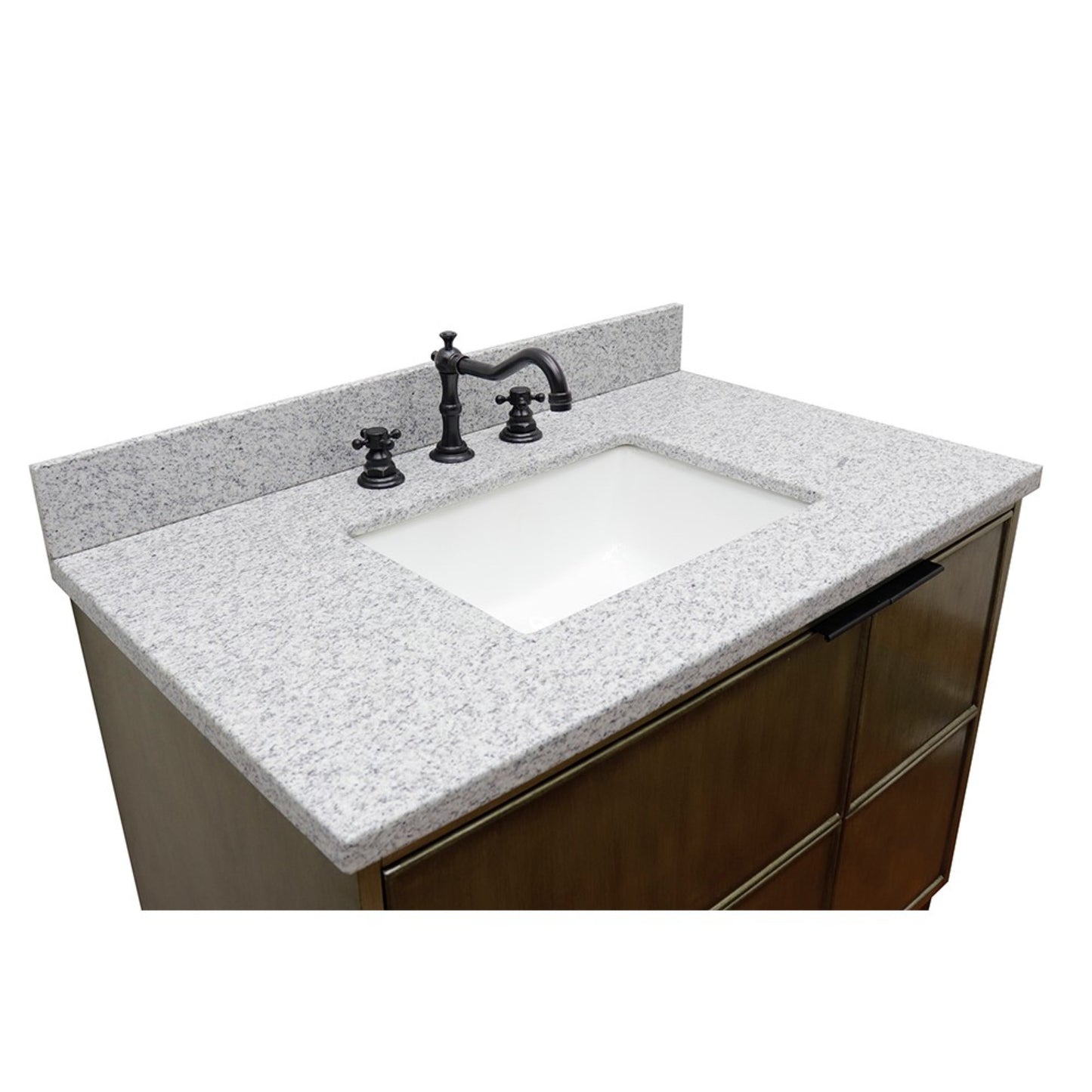 37" Single wall mount vanity in Linen Brown finish with Gray granite top and rectangle sink