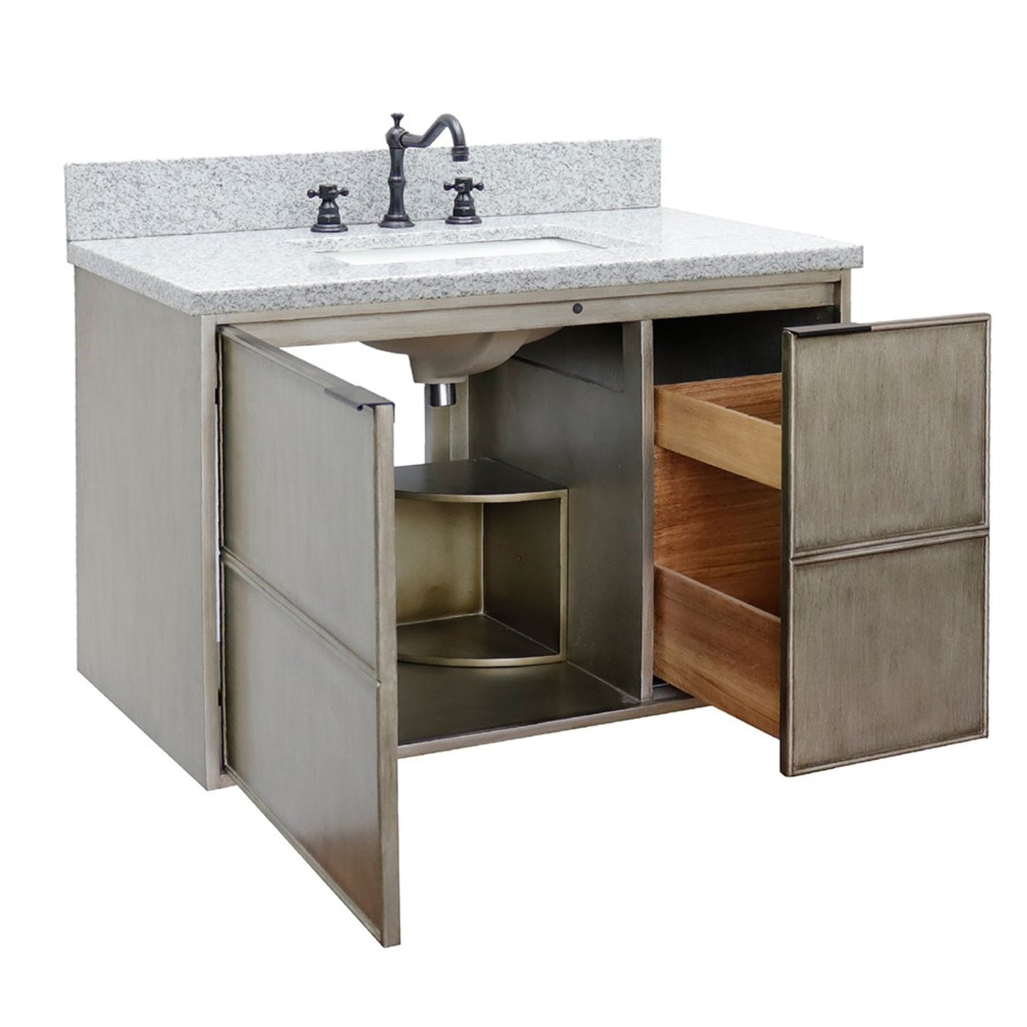 37" Single wall mount vanity in Linen Brown finish with Gray granite top and rectangle sink