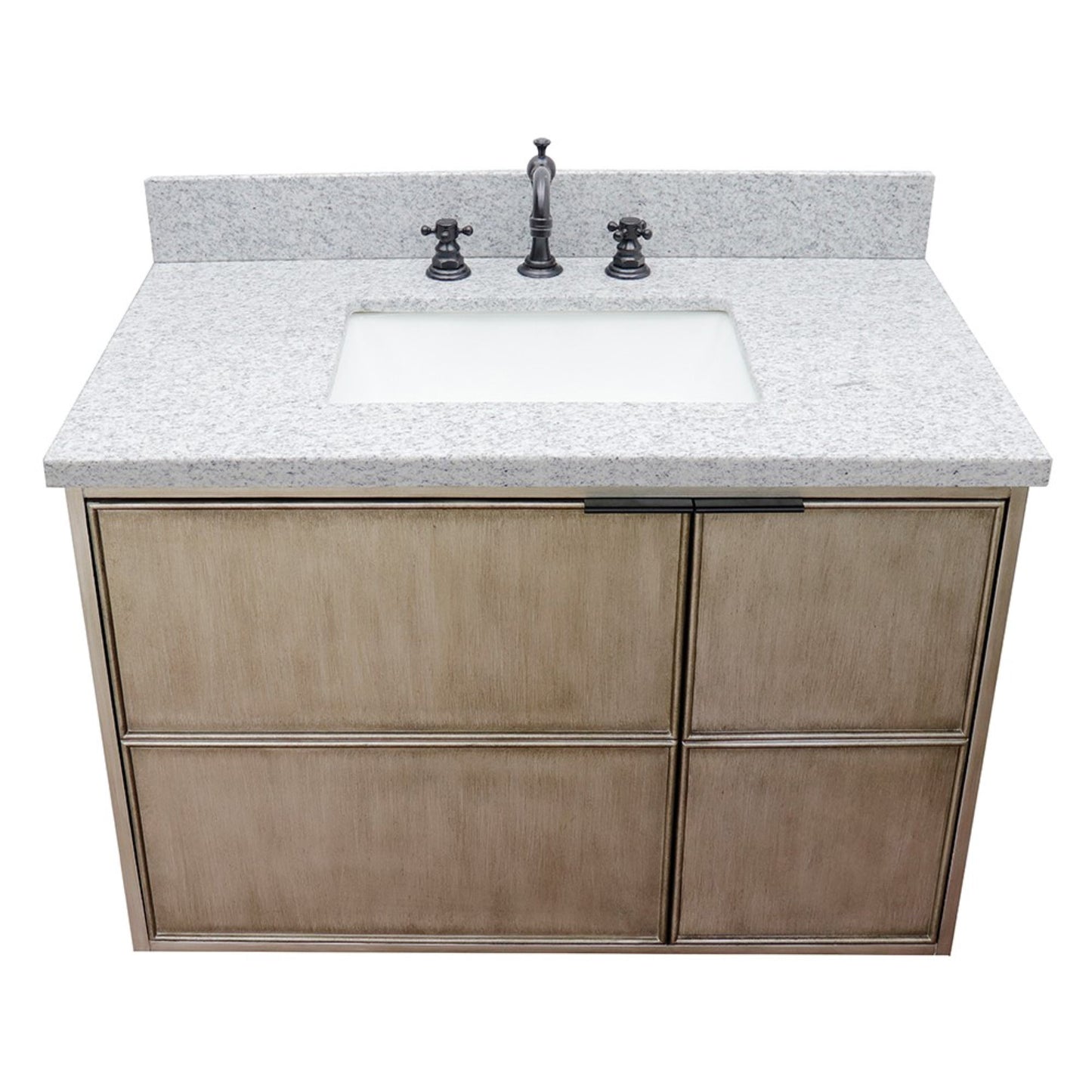 37" Single wall mount vanity in Linen Brown finish with Gray granite top and rectangle sink