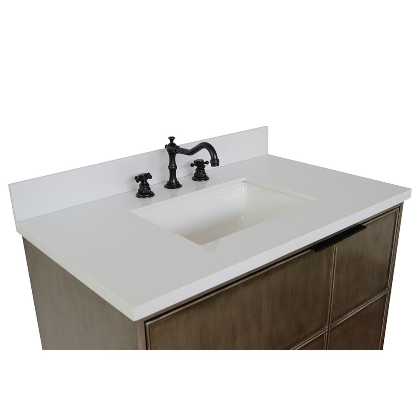 37" Single wall mount vanity in Linen Brown finish with White engineered stone top and rectangle sink