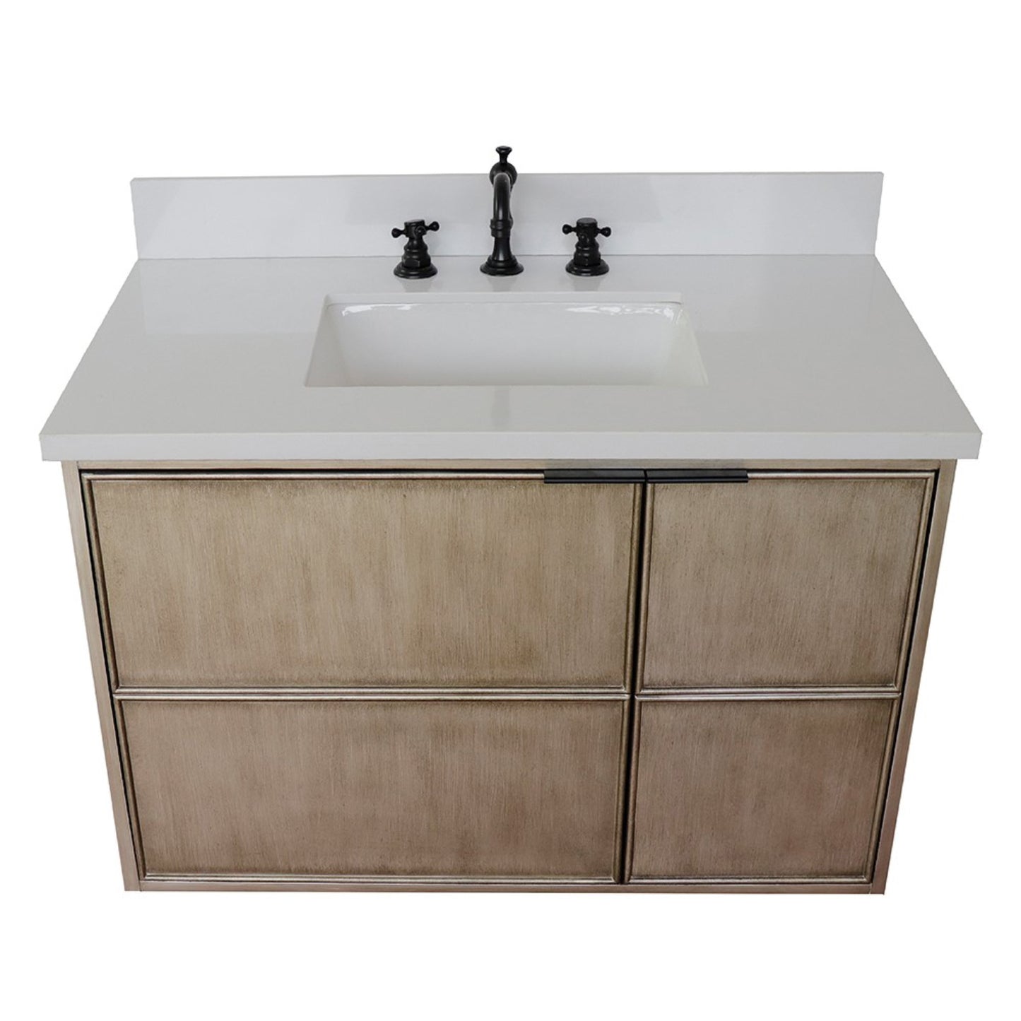 37" Single wall mount vanity in Linen Brown finish with White engineered stone top and rectangle sink
