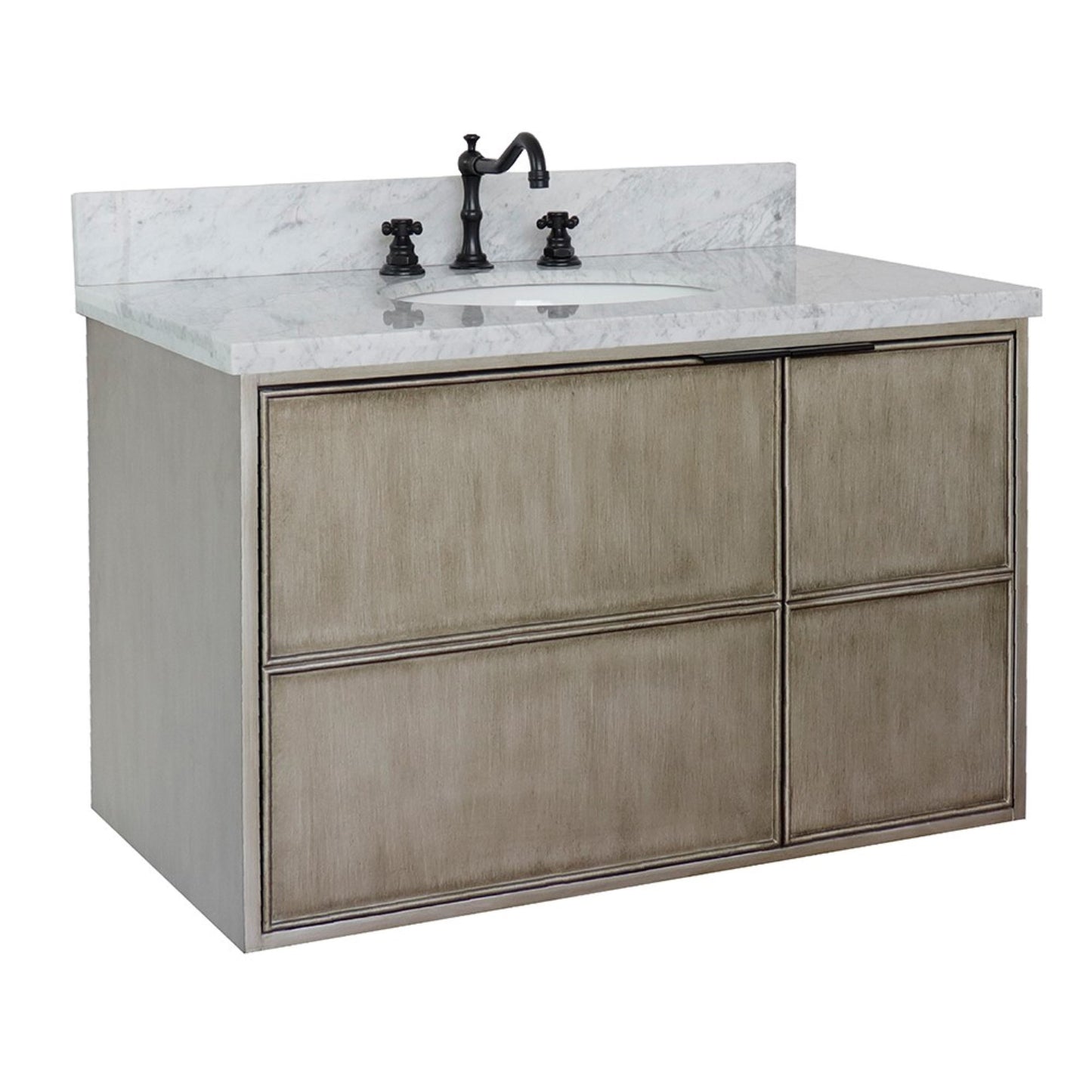 37" Single wall mount vanity in Linen Brown finish with White Carrara top and oval sink